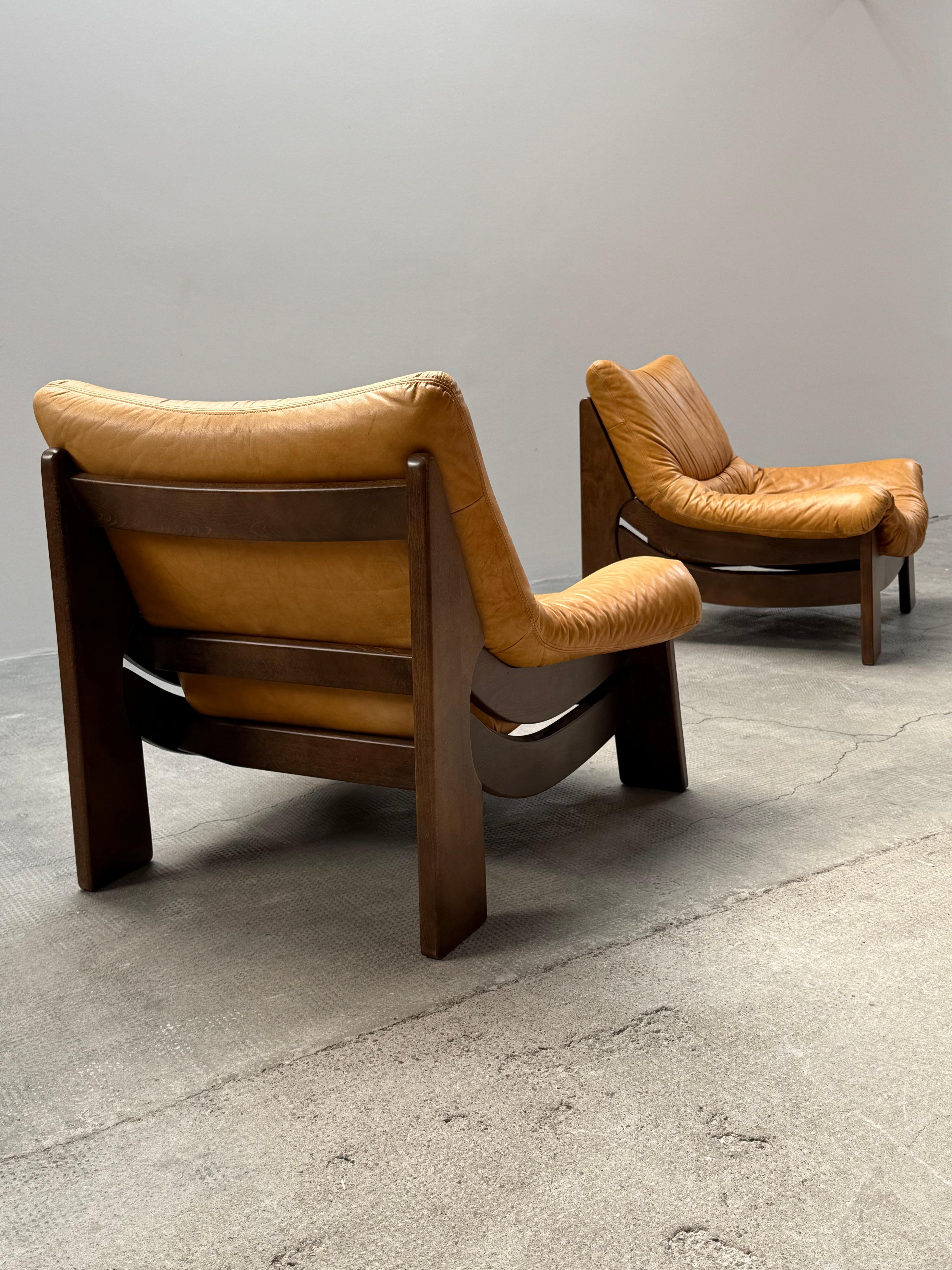 Mid-Century Modern SET OF 2 MAISON REGAIN LEATHER OAK ARMCHAIRS, FRANCE 1970s