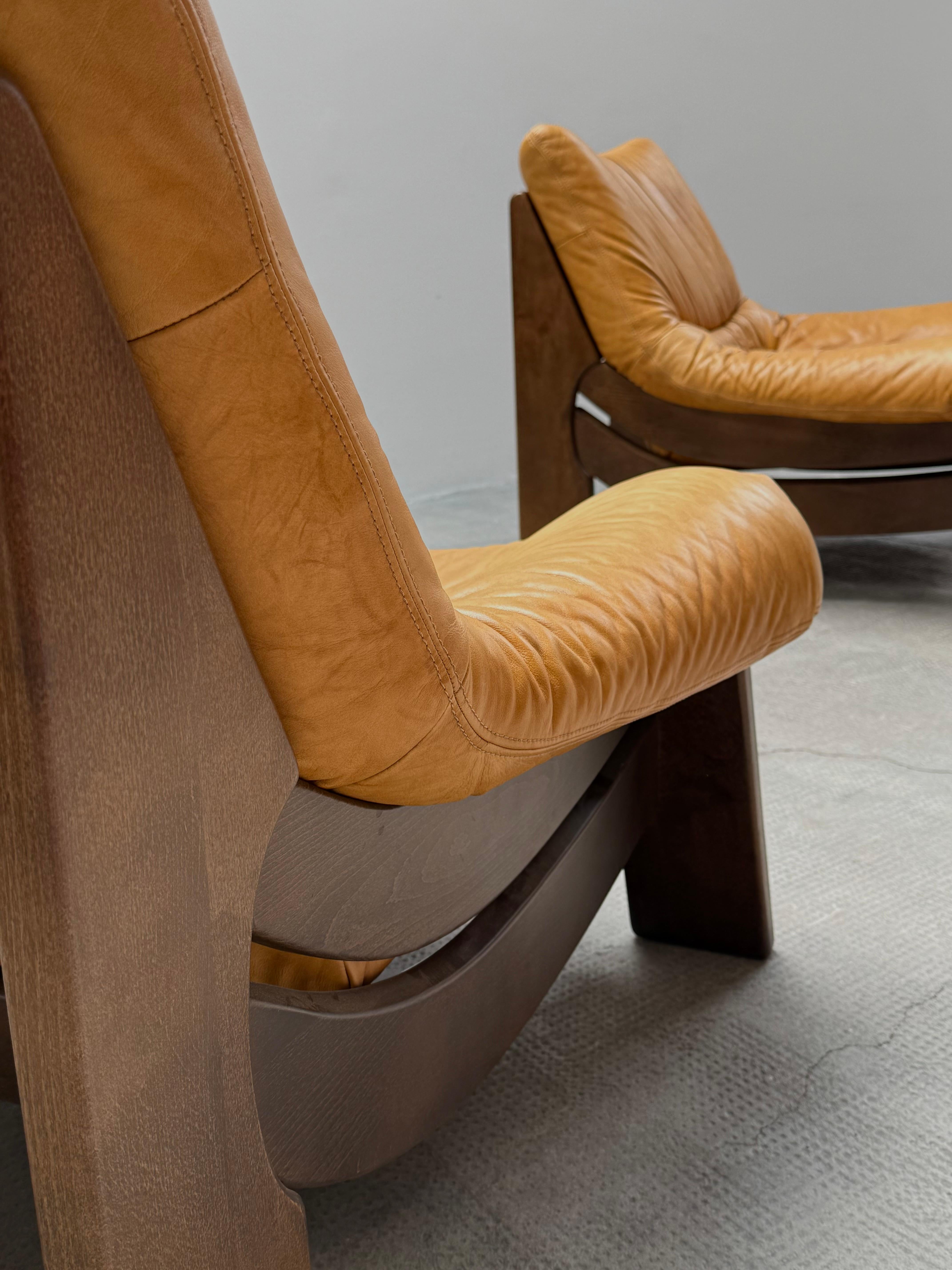Late 20th Century SET OF 2 MAISON REGAIN LEATHER OAK ARMCHAIRS, FRANCE 1970s