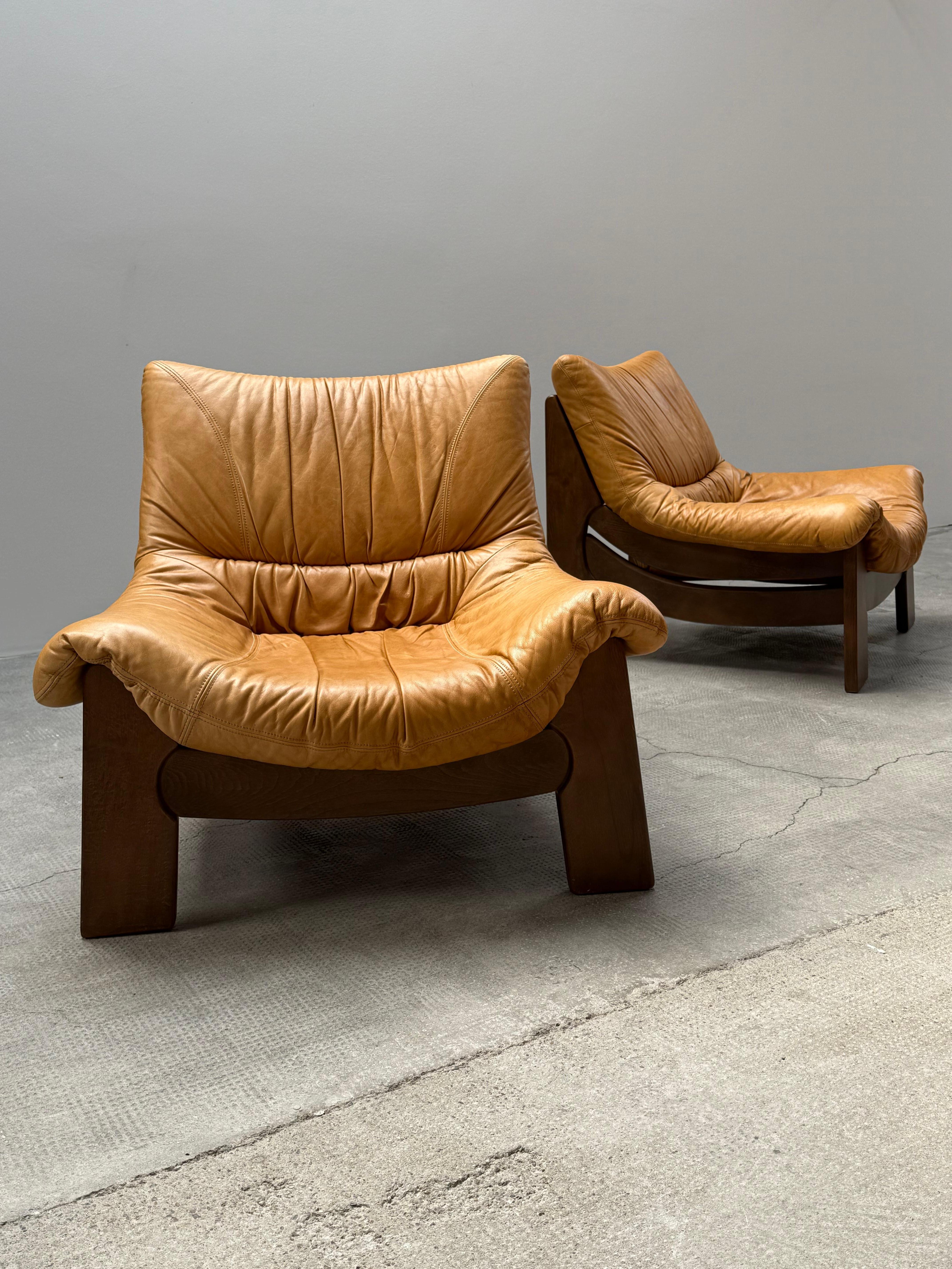 Leather SET OF 2 MAISON REGAIN LEATHER OAK ARMCHAIRS, FRANCE 1970s