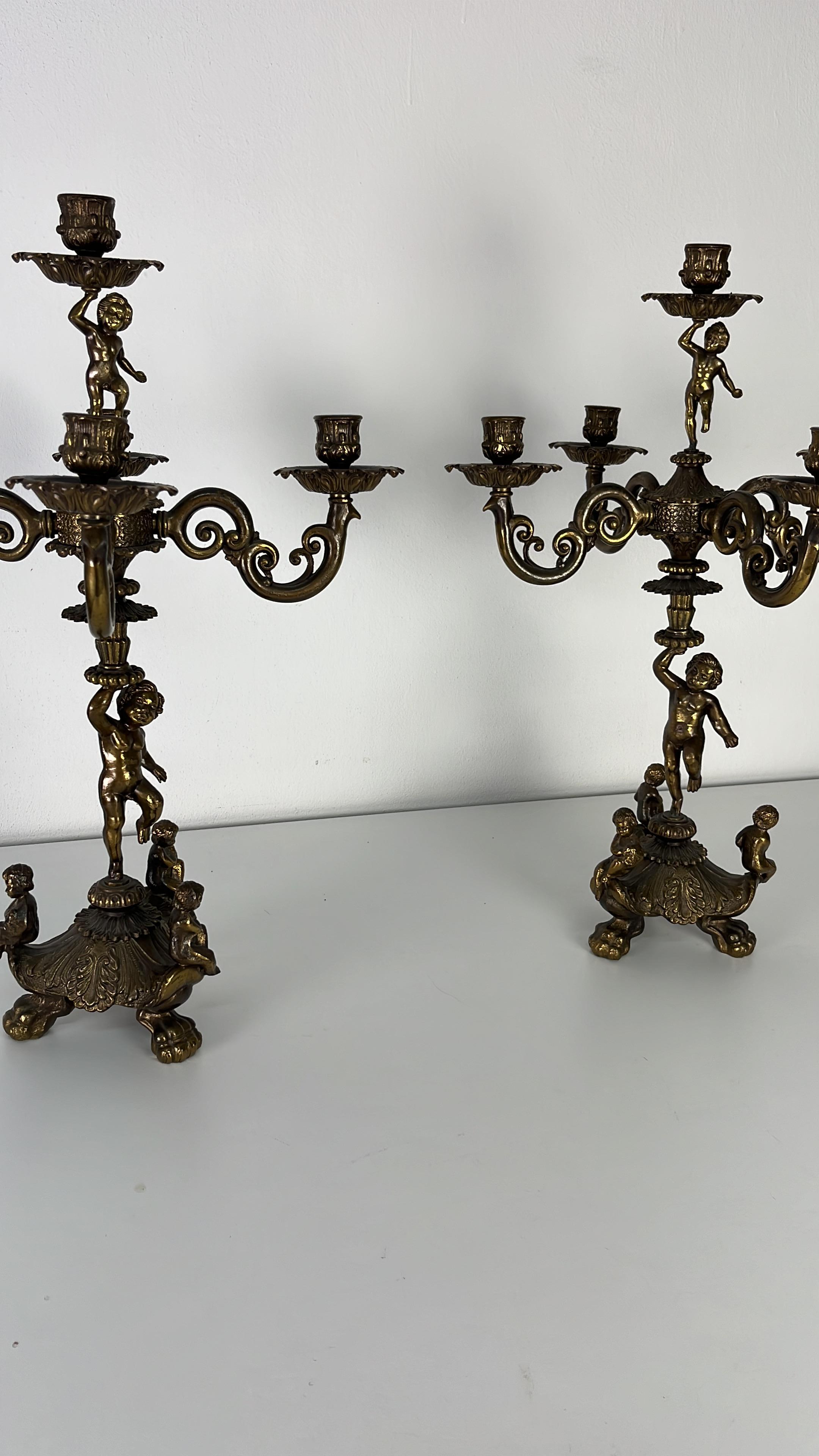 Set of 2 Majestic Italian five-light brass Candelabra, 1940s. For Sale 6