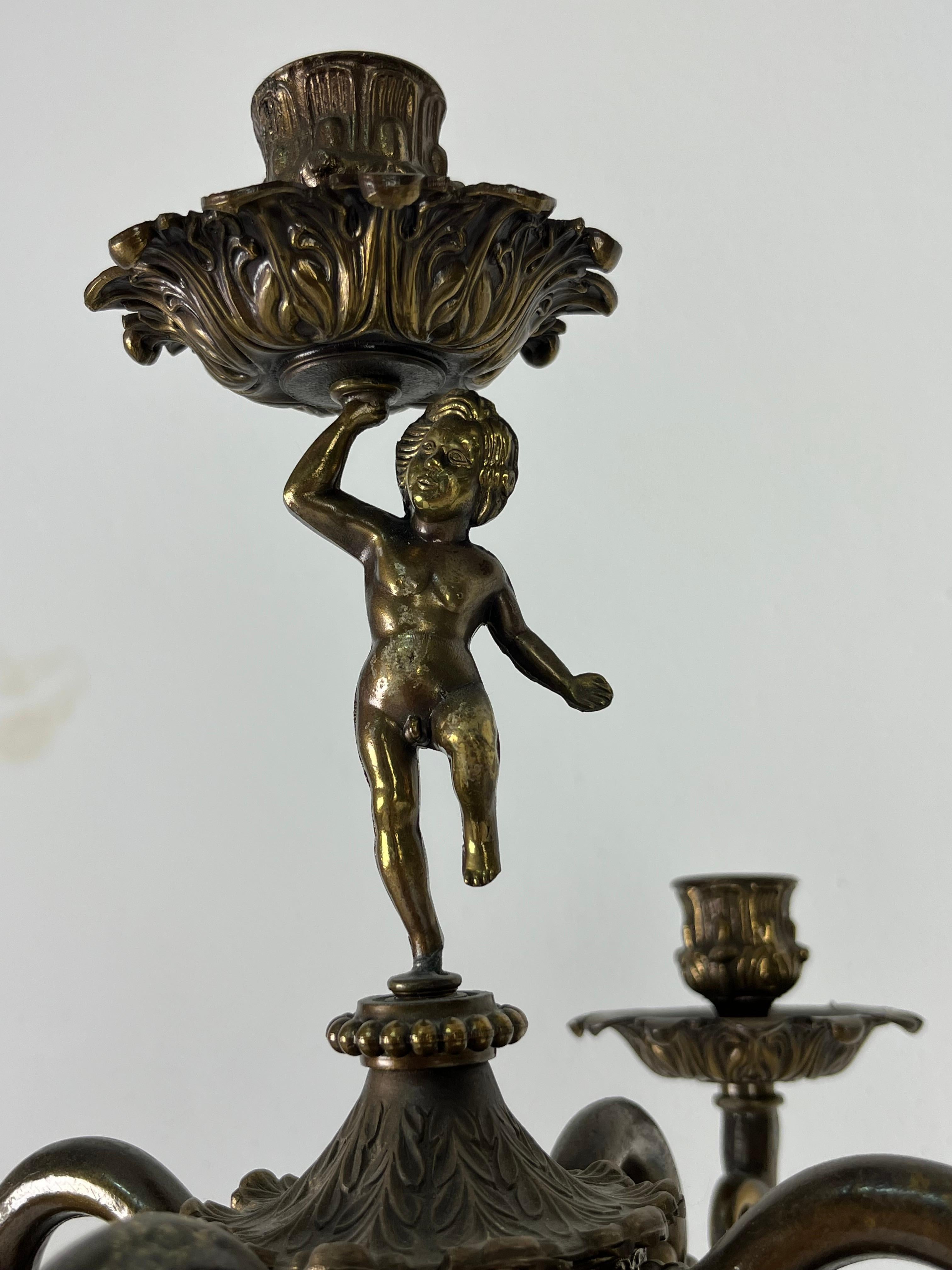 Set of 2 Majestic Italian five-light brass Candelabra, 1940s. For Sale 1