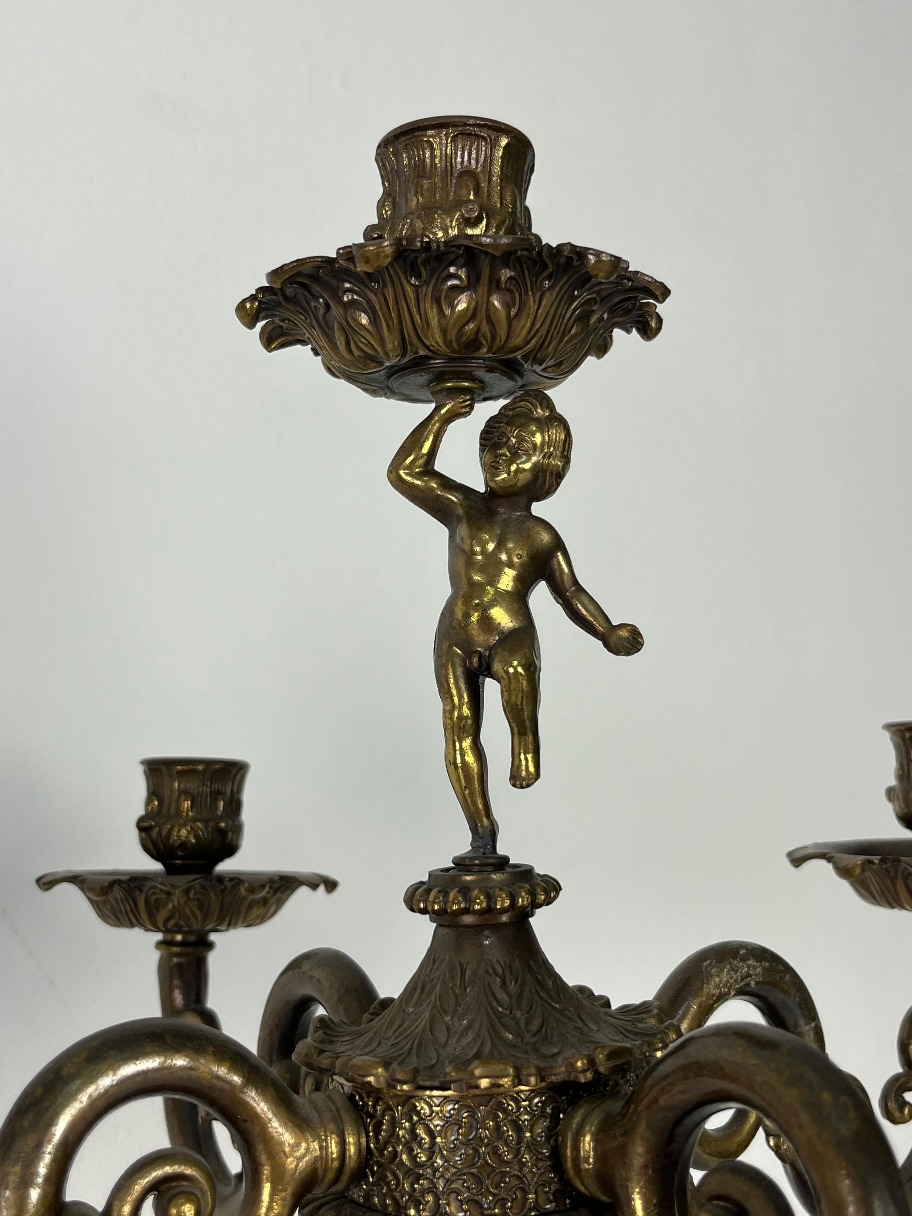 Set of 2 Majestic Italian five-light brass Candelabra, 1940s. For Sale 2