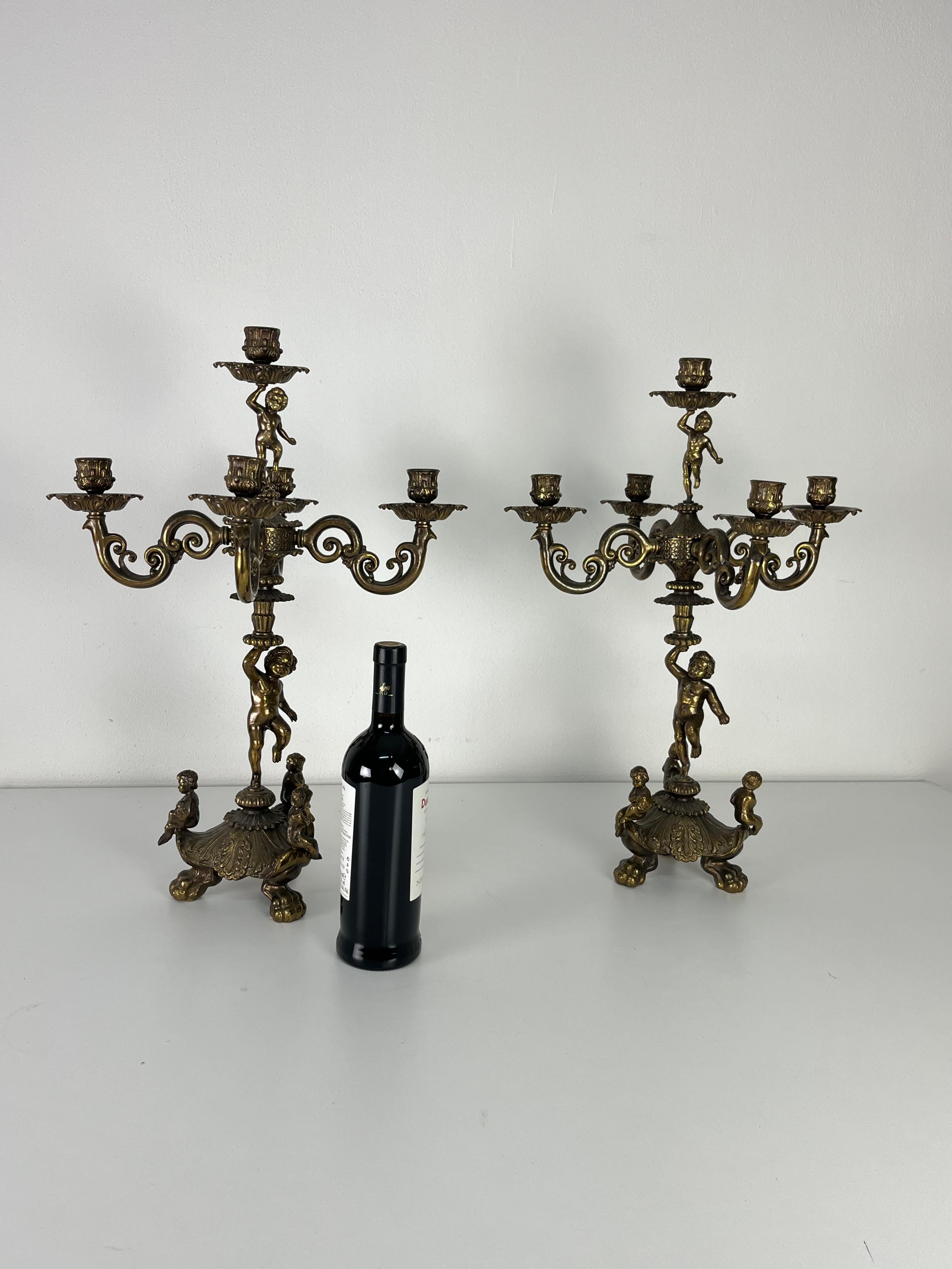 Set of 2 Majestic Italian five-light brass Candelabra, 1940s. For Sale 3