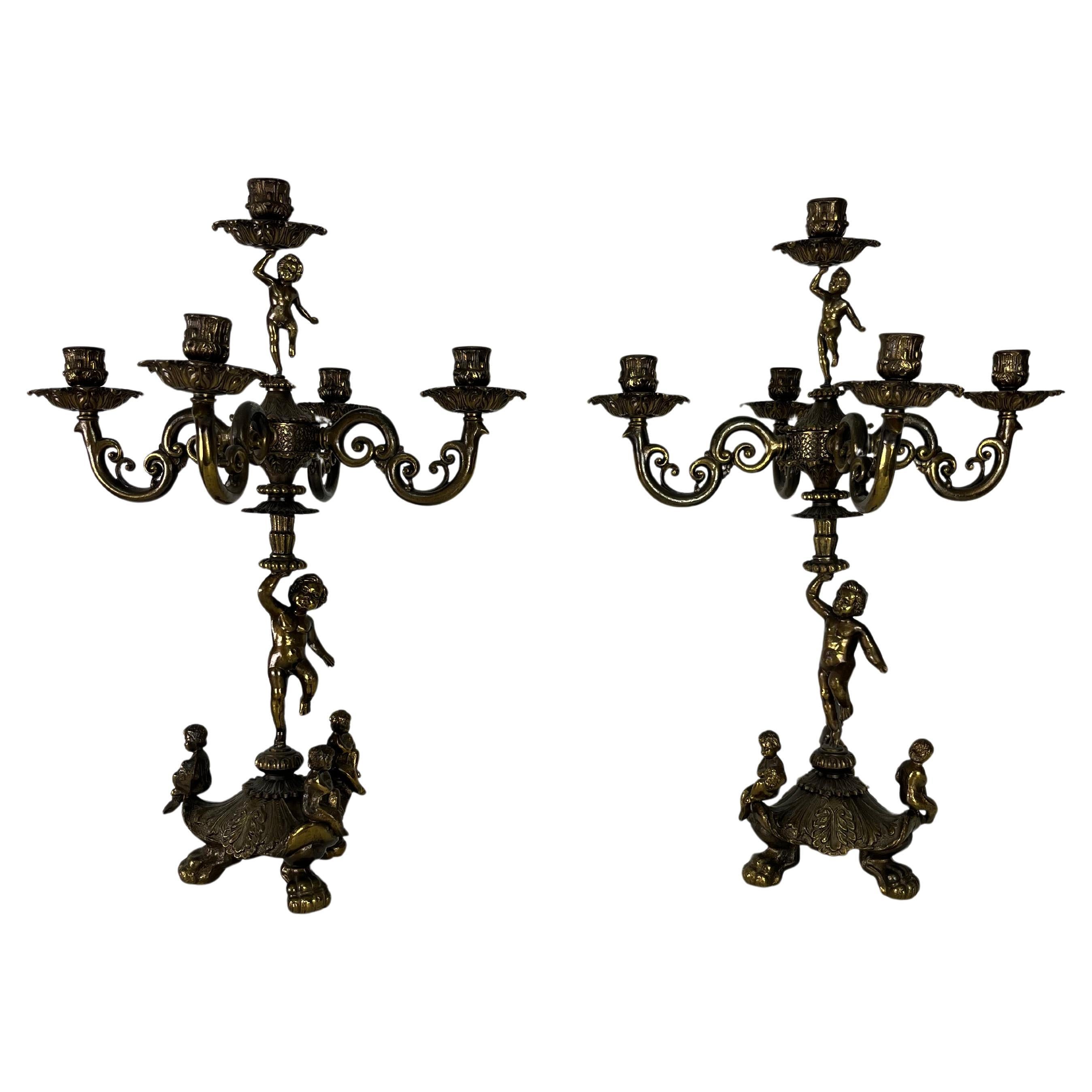 Set of 2 Majestic Italian five-light brass Candelabra, 1940s. For Sale