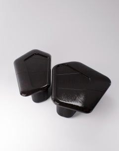 Set of 2 Mangala Low Table Pieces in Solid Oak and Lava Stone Finish by Pendhapa