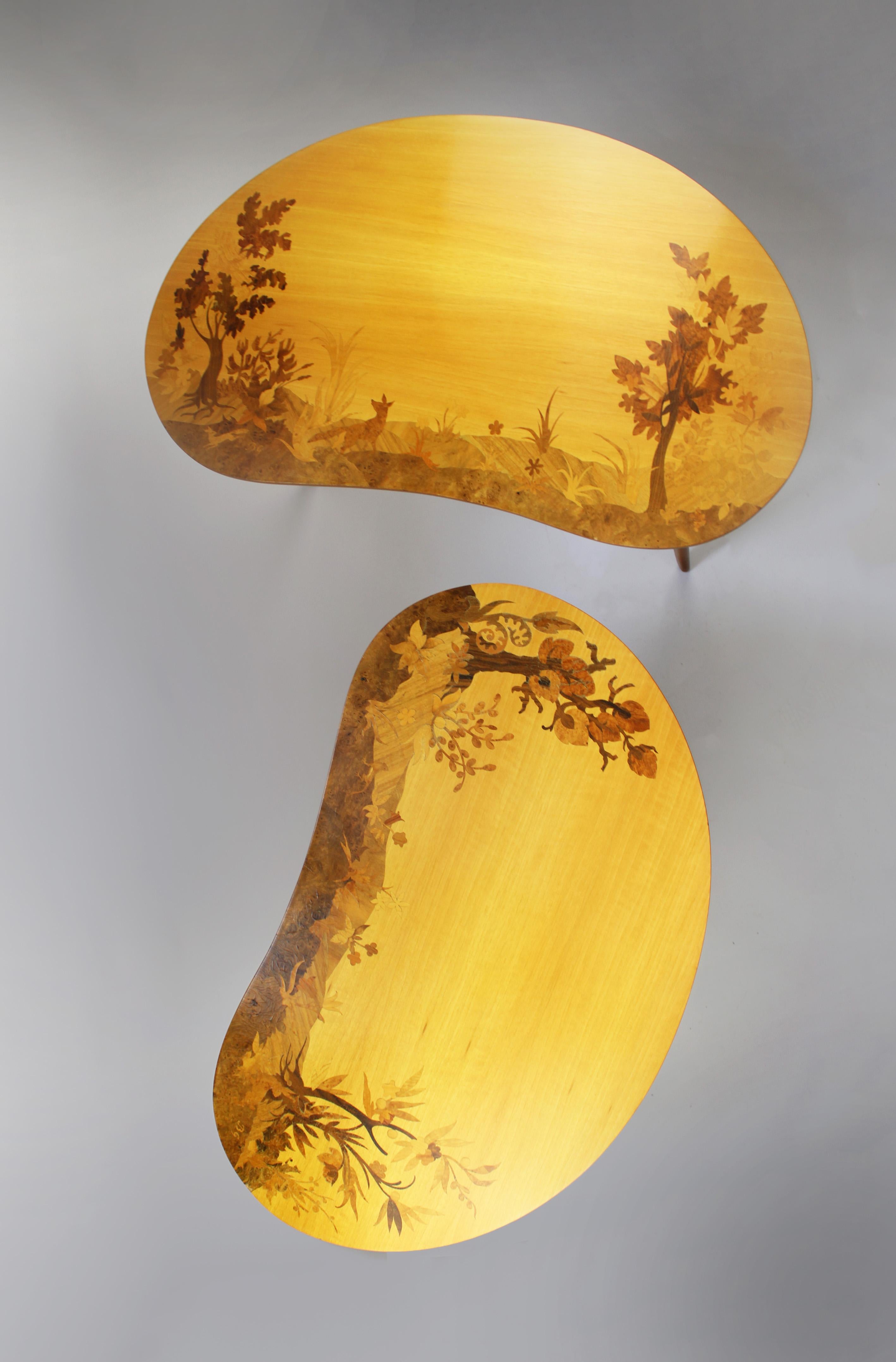 Mid-Century Modern Set of 2 Marquetry Kidney shaped coffee Tables Buchschmid & Gretaux Germany 1950 For Sale