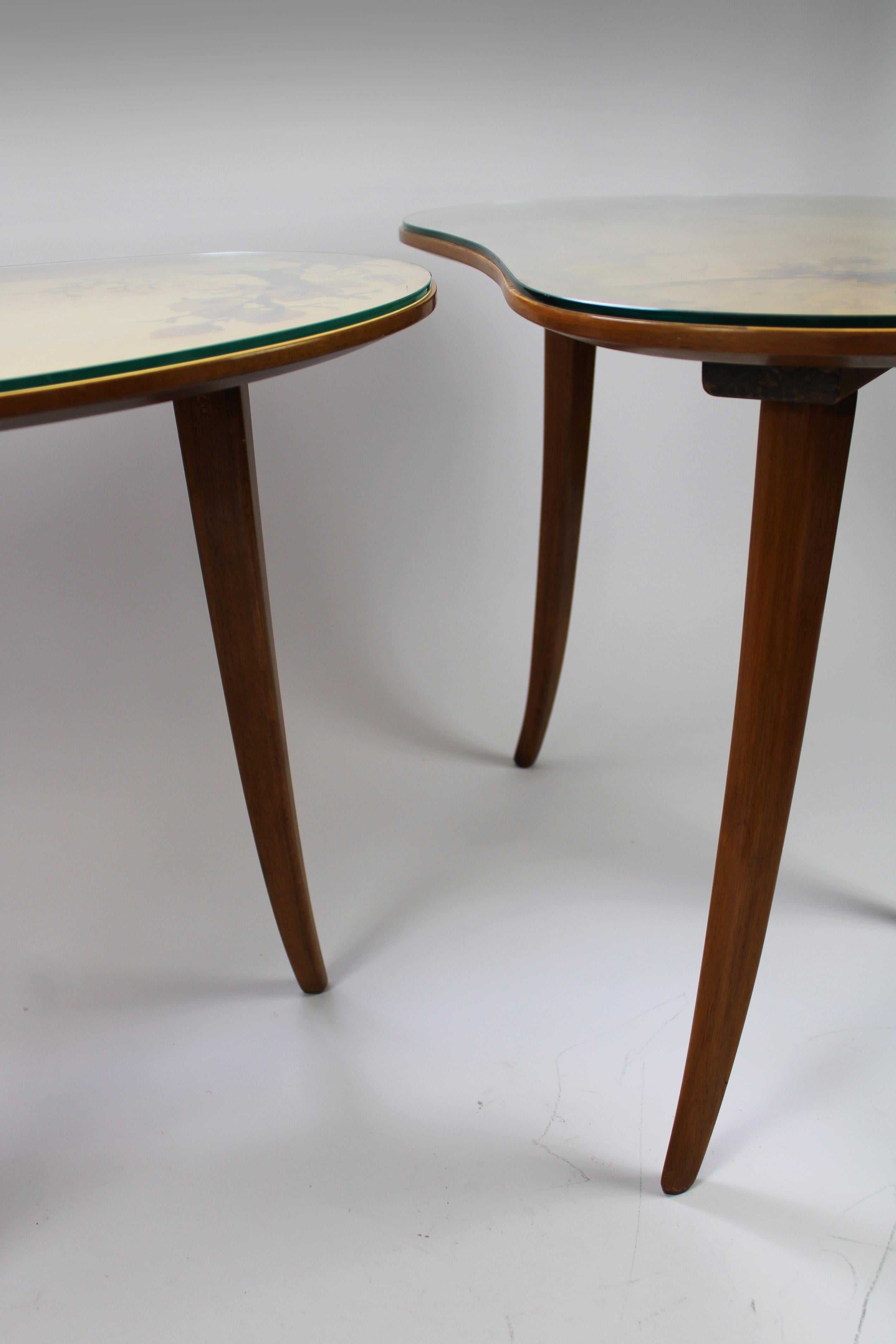 Glass Set of 2 Marquetry Kidney shaped coffee Tables Buchschmid & Gretaux Germany 1950 For Sale