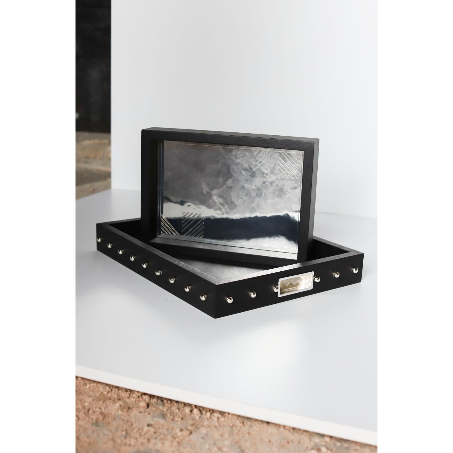 Set di 2 vassoi Marri in ottone placcato argento e impiallacciatura in Oak Oak di Marau In condizioni Nuovo in vendita a Geneve, CH