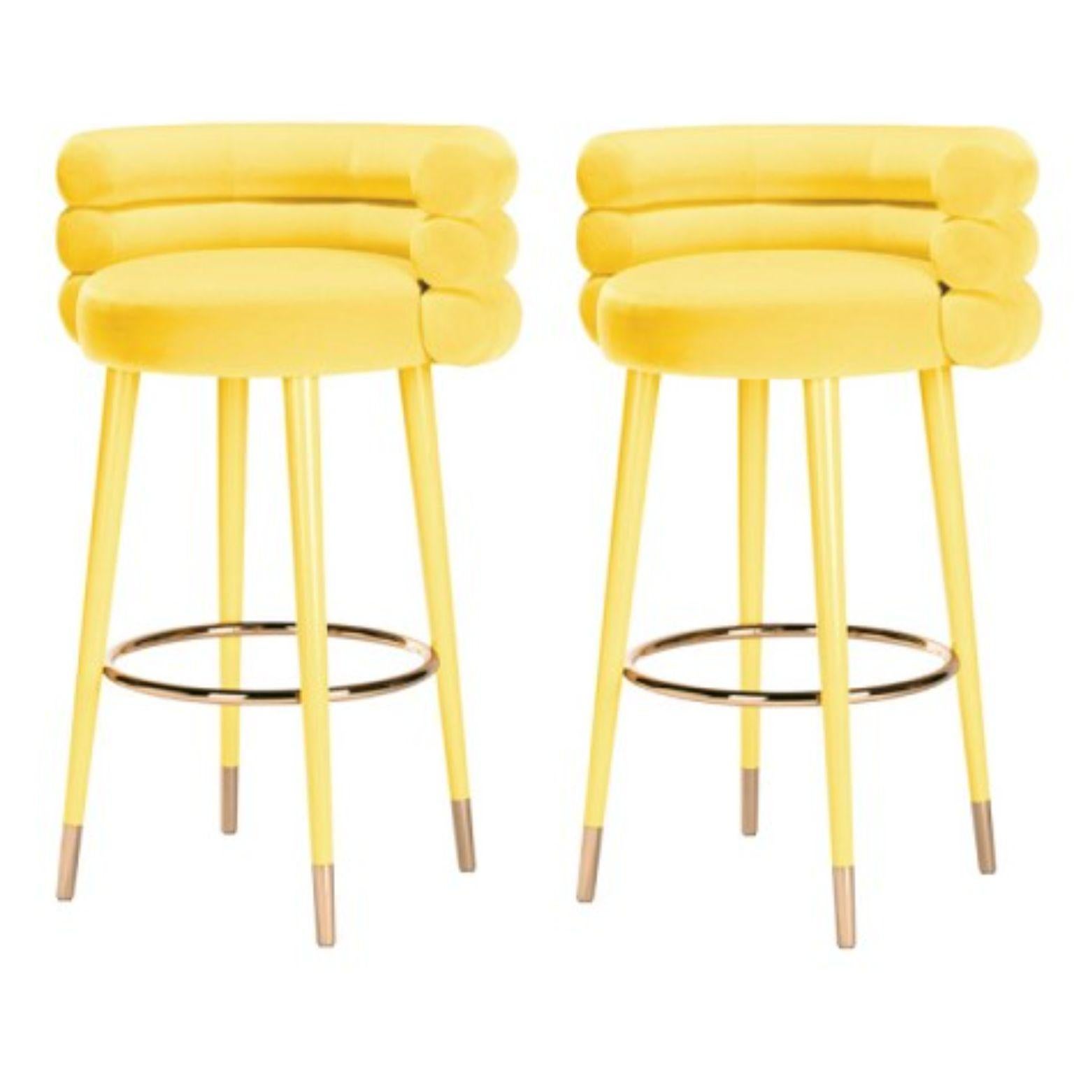 Set of 2 marshmallow bar stools, royal stranger
Dimensions: 100 x 70 x 60 cm
Materials: Velvet upholstery, brass
Available in: Mint green, light pink, royal green, royal red.

Royal stranger is an exclusive furniture brand determined to bring