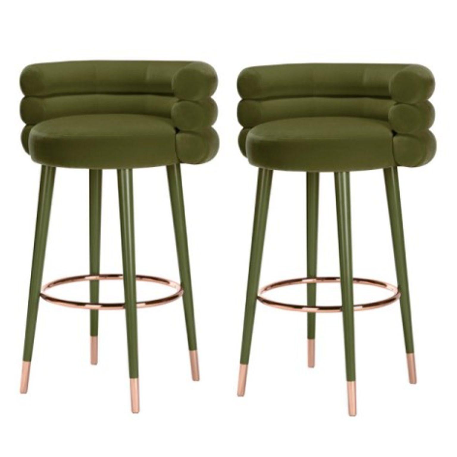 Set of 2 marshmallow bar stools, Royal Stranger.
Dimensions: 100 x 70 x 60 cm
Materials: Velvet upholstery, brass
Available in: Mint green, light pink, royal green, royal red.

Royal stranger is an exclusive furniture brand determined to bring