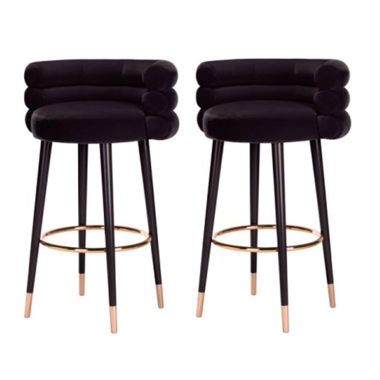 Set of 2 Marshmallow bar stools, Royal Stranger
Dimensions: 100 x 70 x 60 cm
Materials: Velvet upholstery, brass
Available in: Mint green, light pink, Royal green, Royal red

Royal stranger is an exclusive furniture brand determined to bring