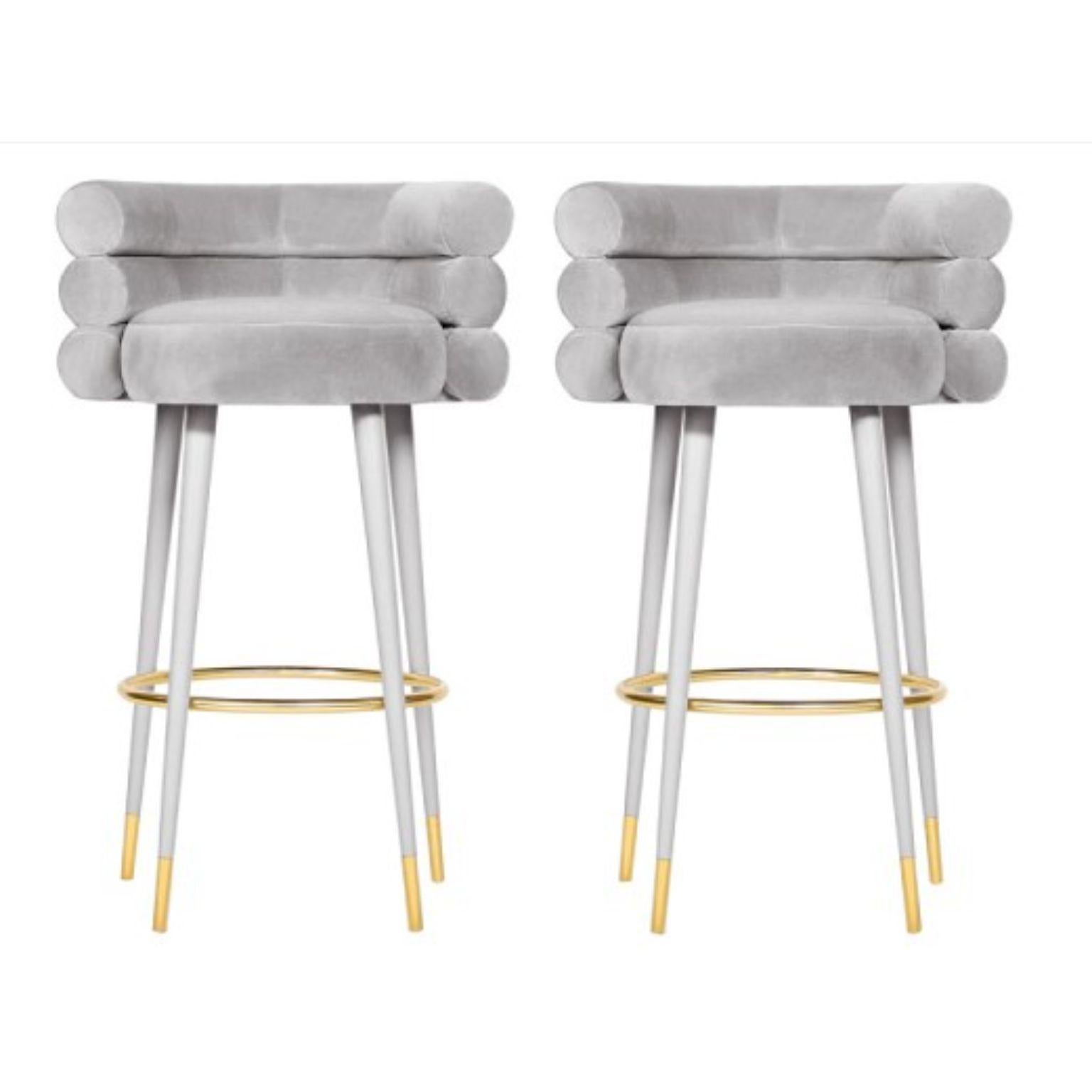 Set of 2 Marshmallow bar stools, Royal Stranger
Dimensions: 100 x 70 x 60 cm
Materials: Velvet upholstery, brass
Available in: Mint green, light pink, royal green, royal red

Royal stranger is an exclusive furniture brand determined to bring