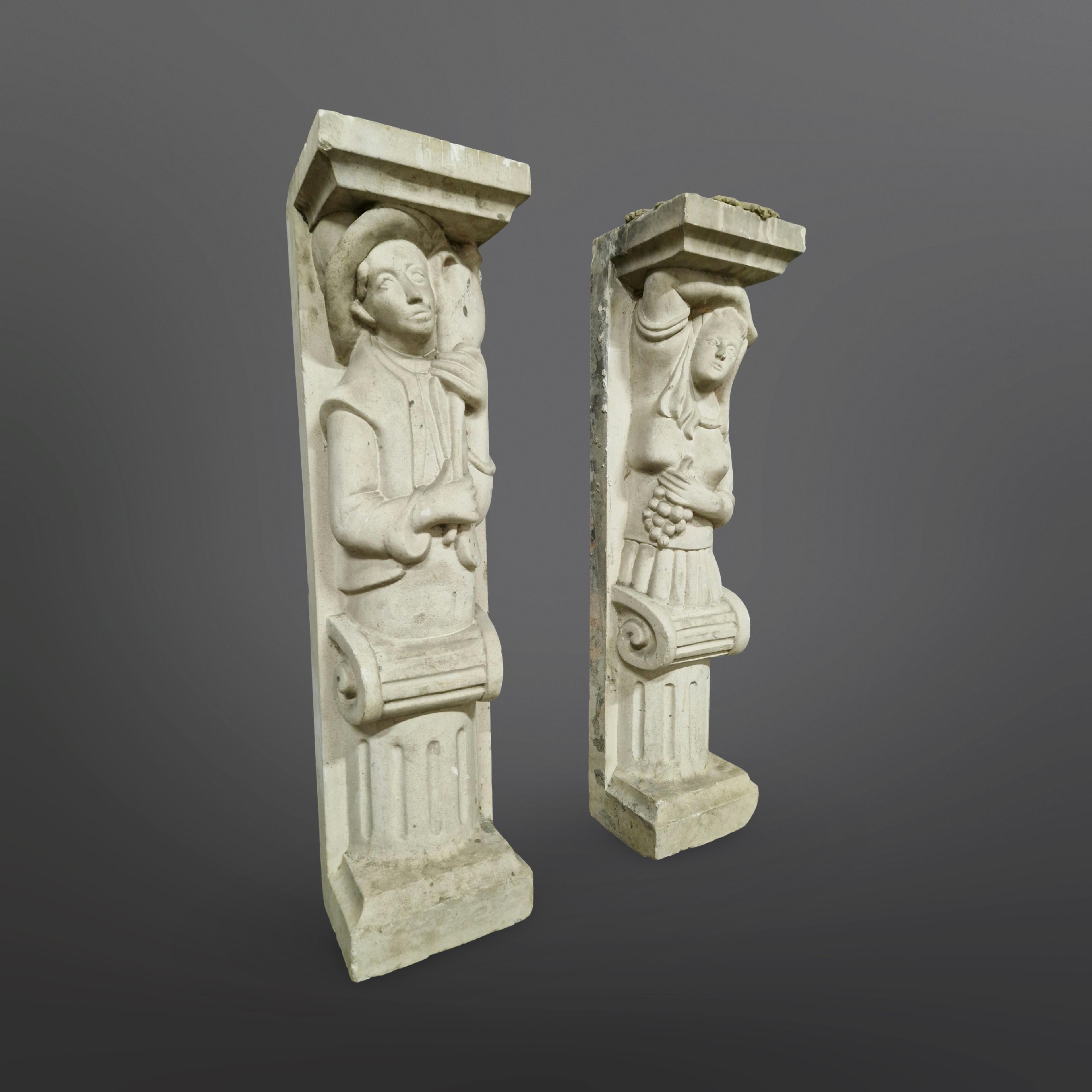 Medieval Set of 2 medieval style architectural sculpted columns, Netherlands 1950s For Sale