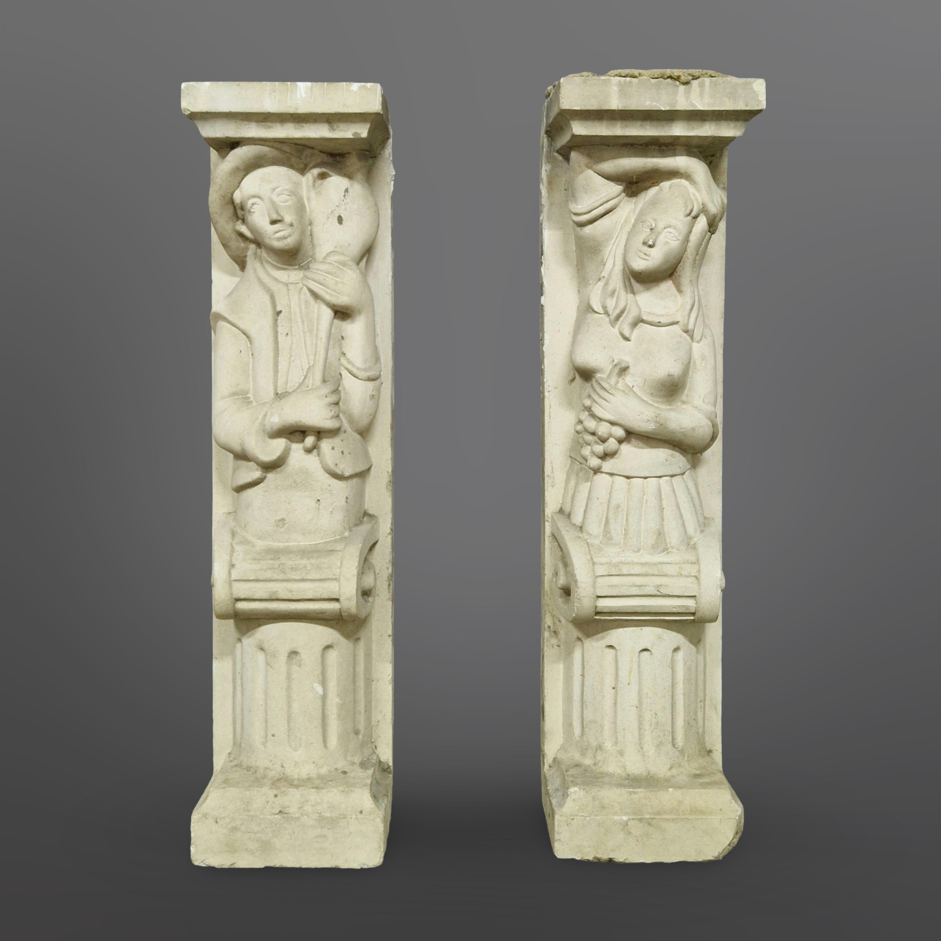 Cast Set of 2 medieval style architectural sculpted columns, Netherlands 1950s For Sale