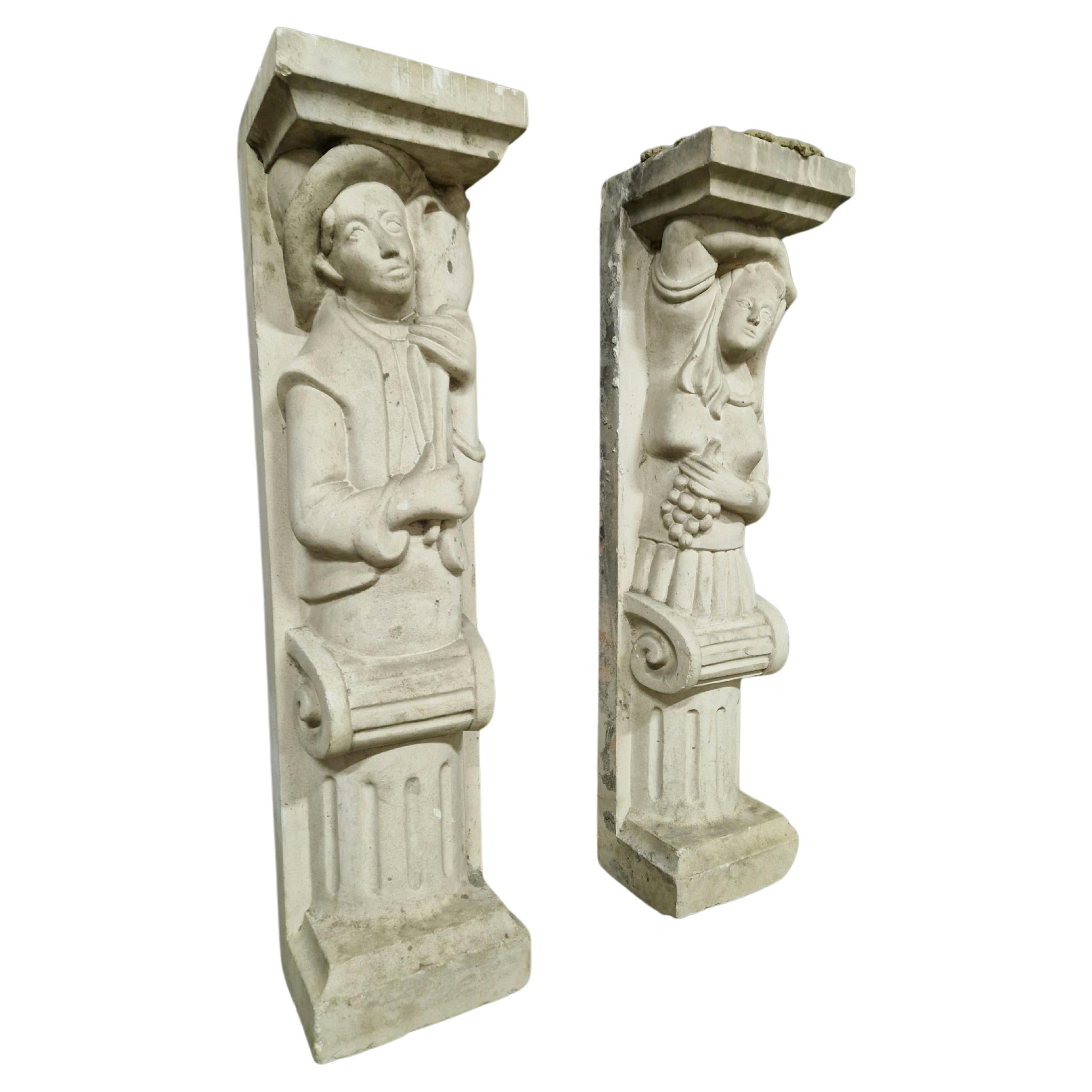 Set of 2 medieval style architectural sculpted columns, Netherlands 1950s For Sale