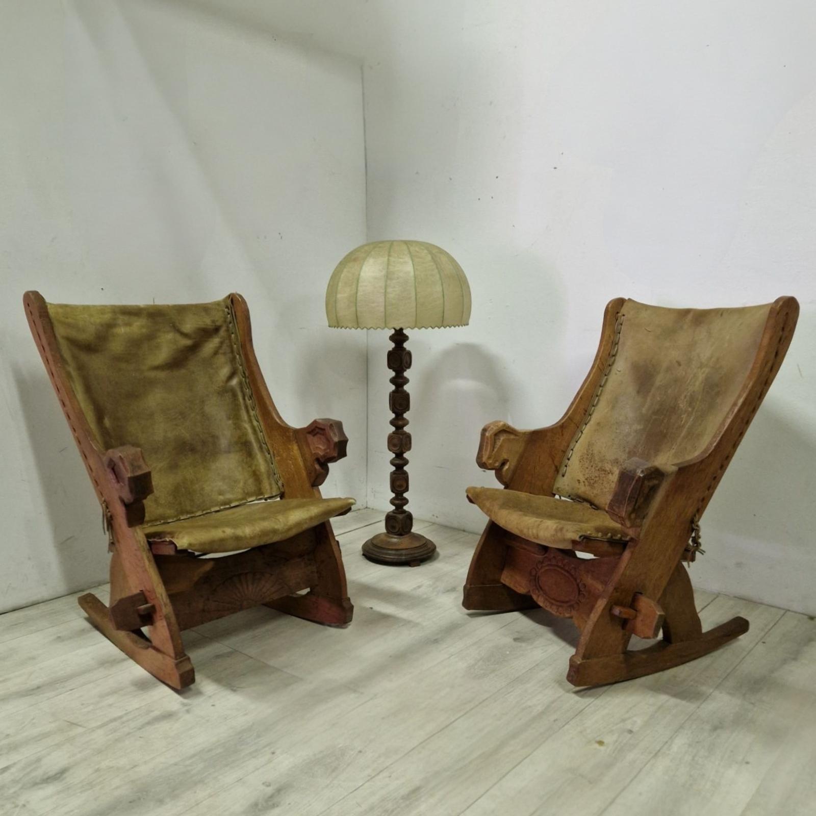 Set of 2 medieval style rocking chairs in oak and leather, Netherlands 1960s 6