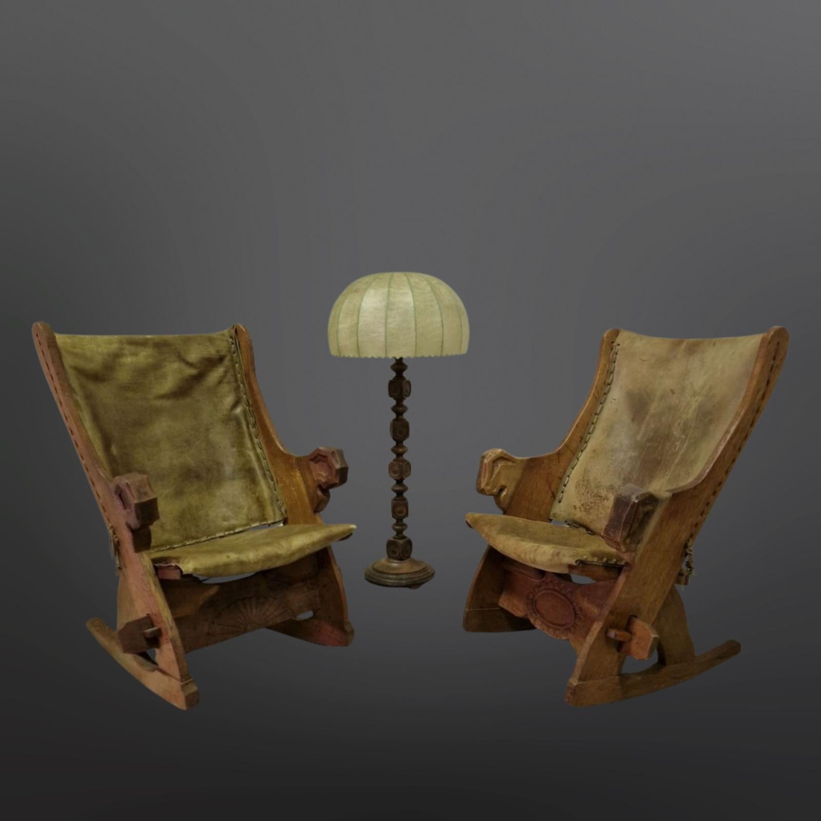 Set of 2 medieval style rocking chairs in oak and leather, Netherlands 1960s 7