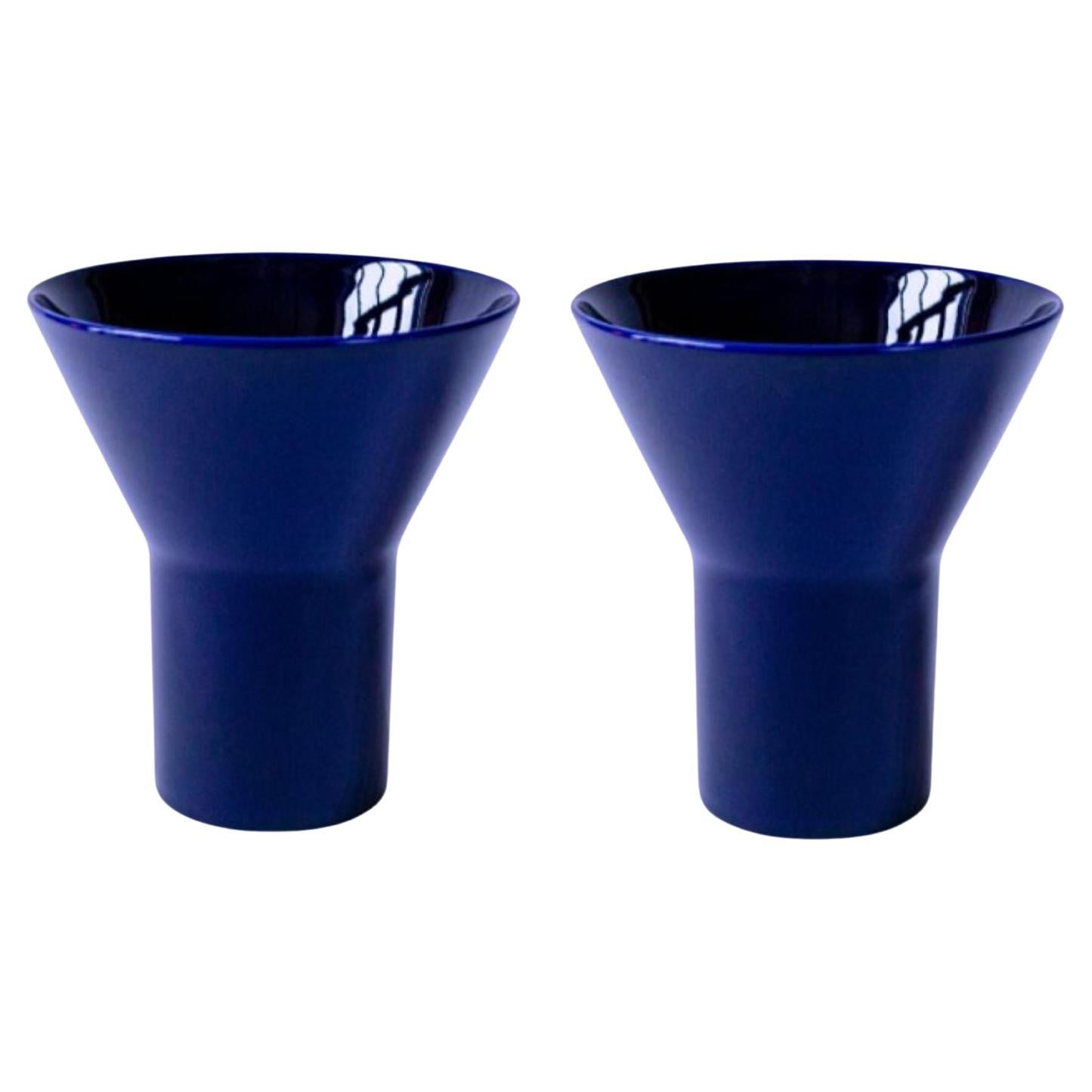 Set of 2 Medium Blue Ceramic KYO Vases by Mazo Design For Sale