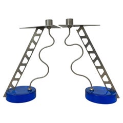Set of 2 Memphis style candle sitcks with glass base , 1980s