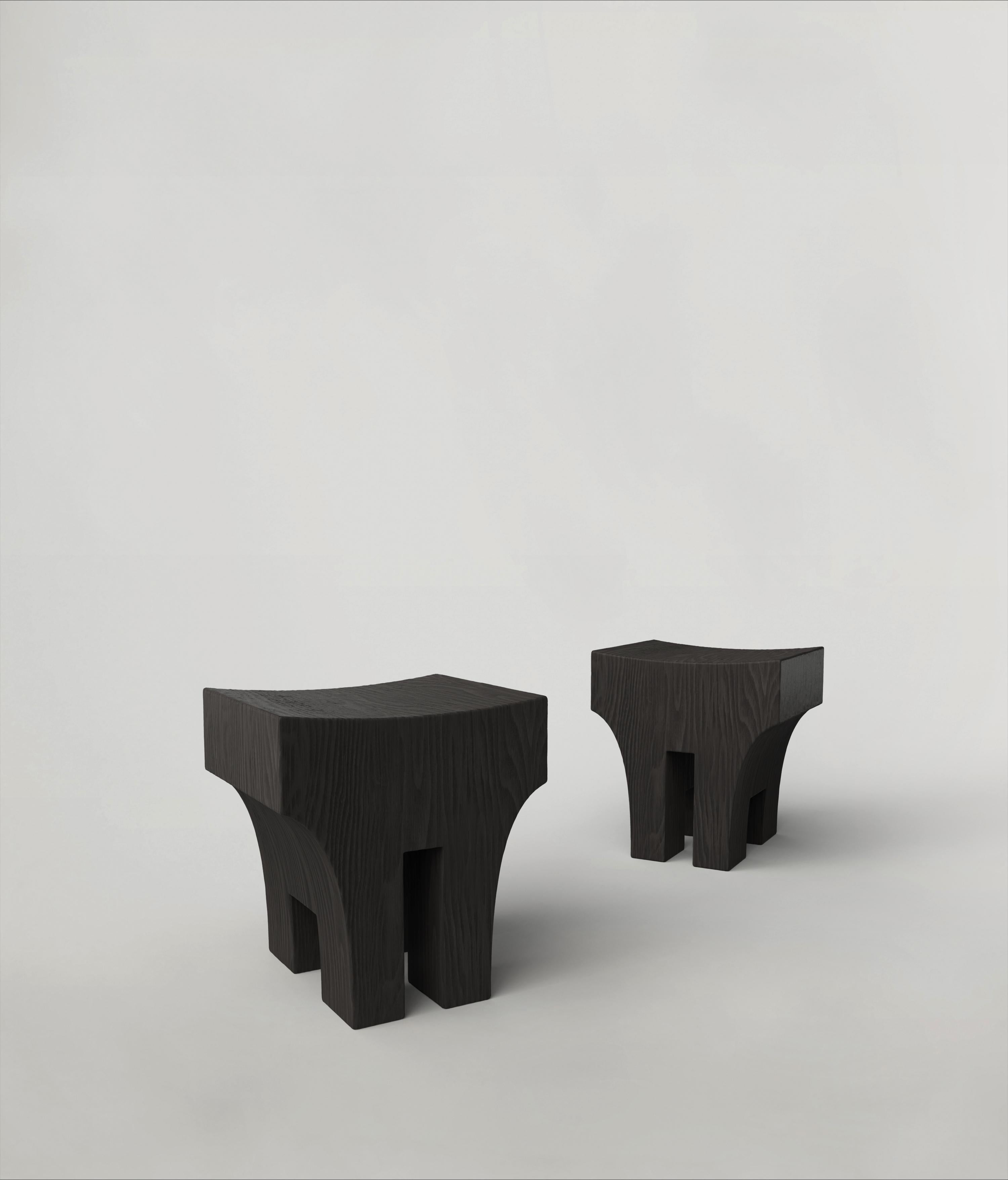 Set of 2 Mhono V1 stools by Edizione Limitata
Limited edition of 150 pieces. Signed and numbered.
Dimensions: D 40 x W 35 x H 43 cm
Materials: charred cedar wood

This contemporary collection is a product of Italian craftmanship, starting