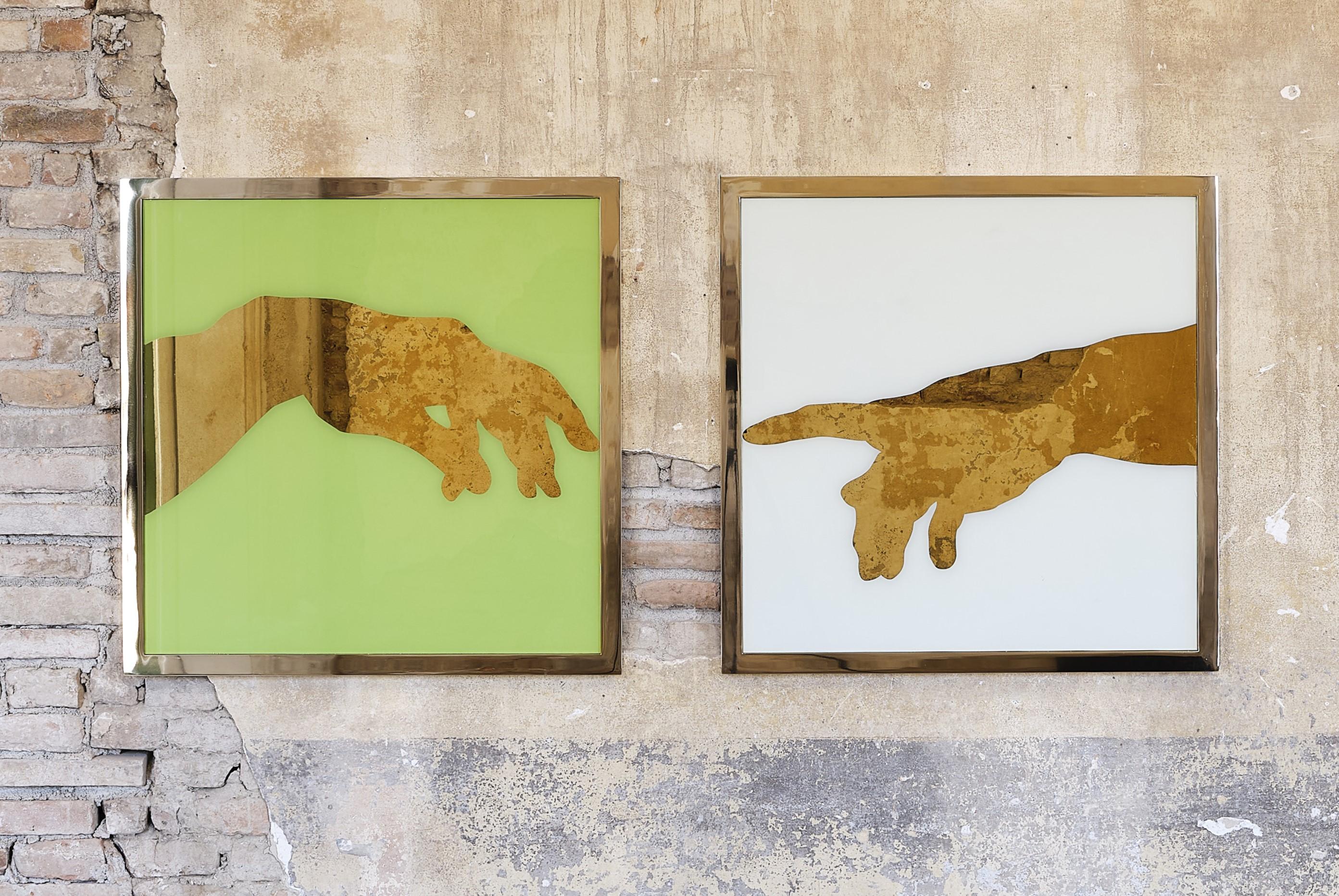 Set of 2 Michelangelo, The Creation, Icon Wall Decoration by Davide Medri
Dimensions: D 10 x W 82 x H 82 cm (each).
Materials: Golden mirror, metal structure.

Davide Medri was born in Cesena on August 7th 1967 and graduated at the Academy of Fine