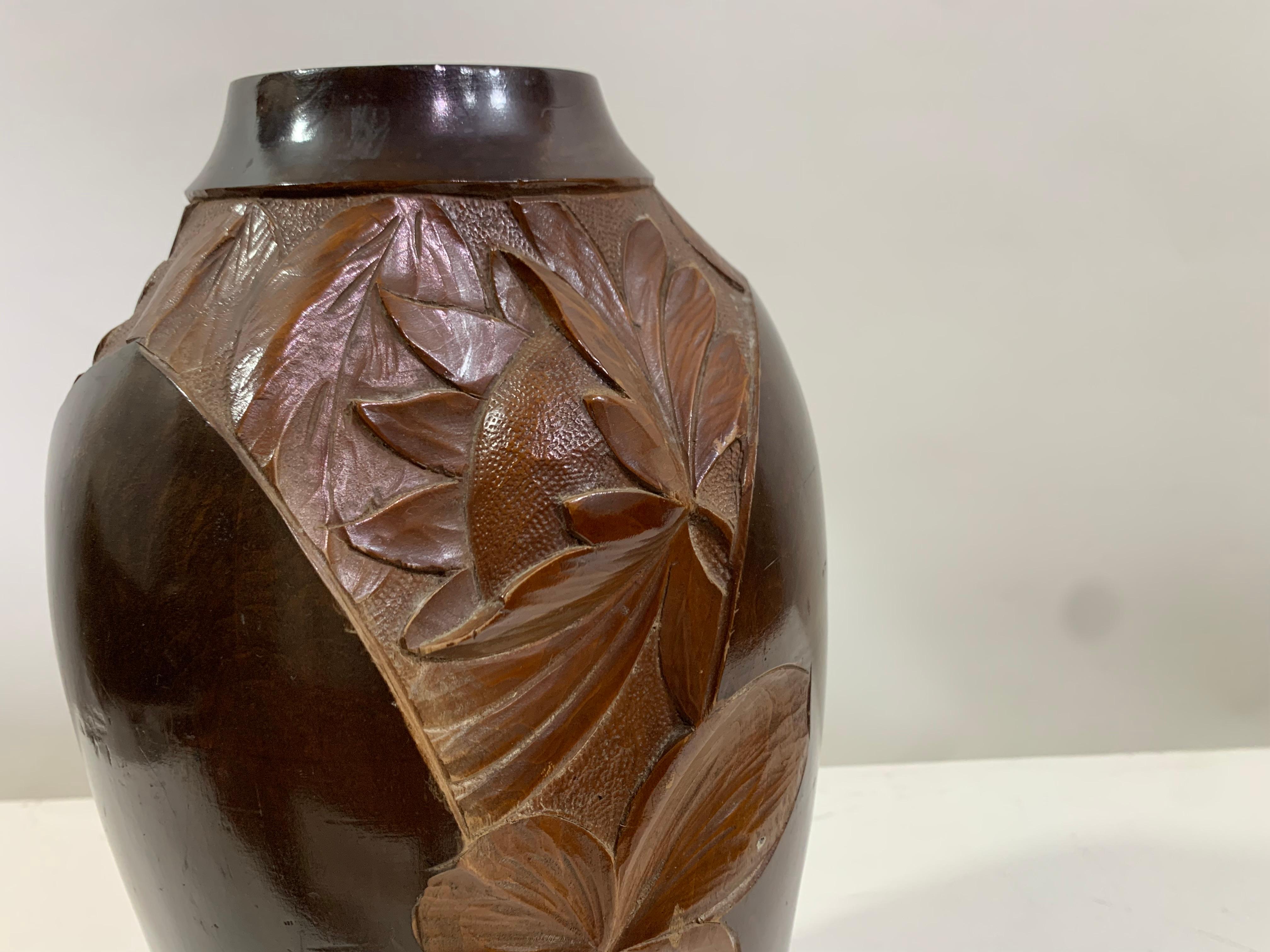 Art Deco Set of 2 Mid - 20th Century Vintage Hand Carved Wooden Vases Signed Dupia For Sale