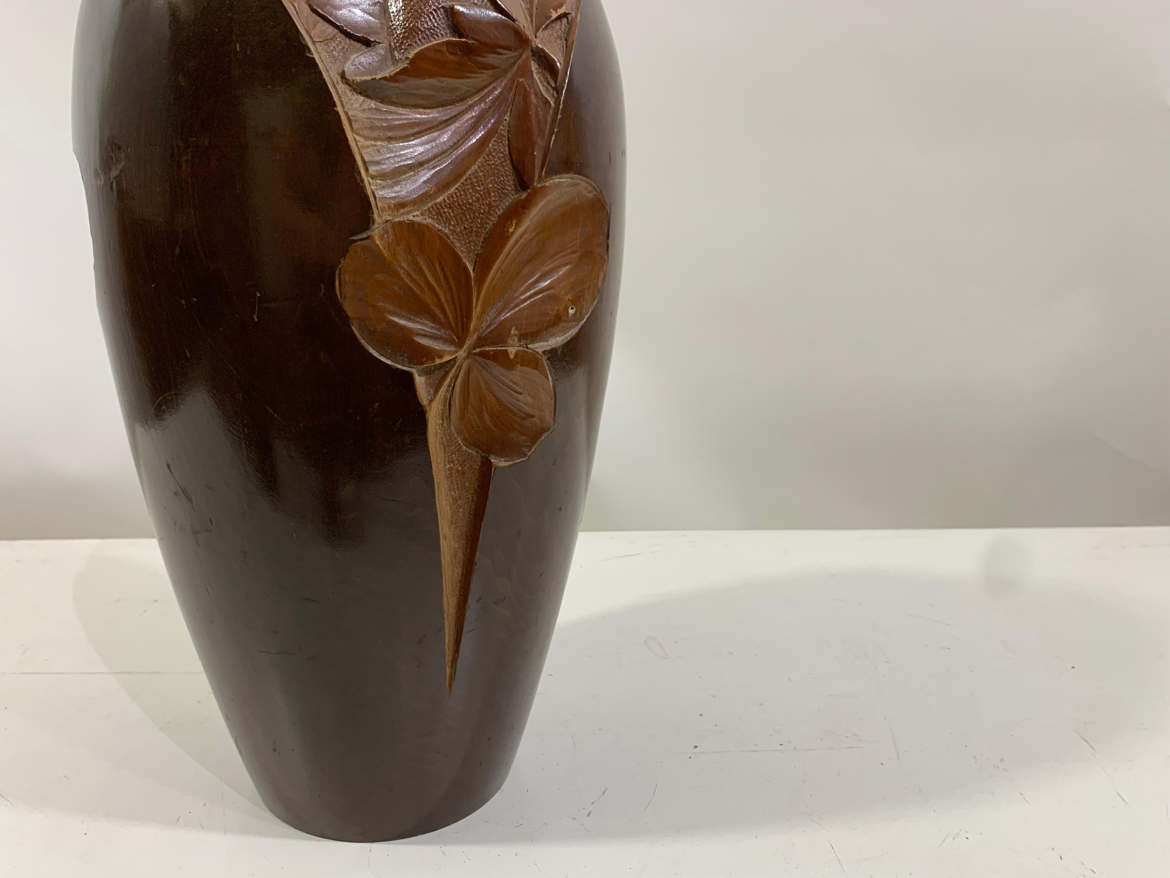 French Set of 2 Mid - 20th Century Vintage Hand Carved Wooden Vases Signed Dupia For Sale