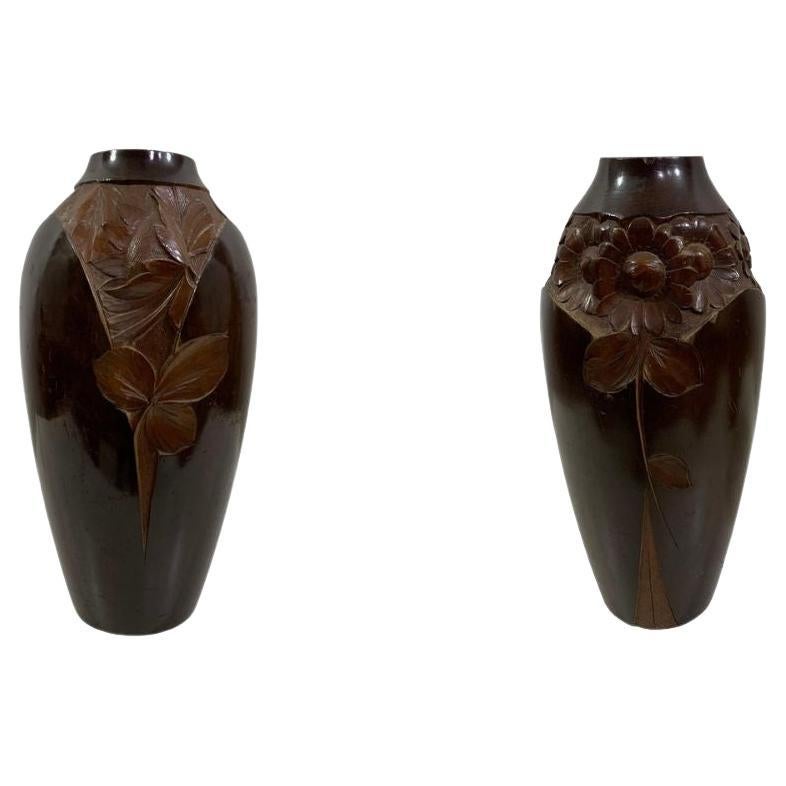 Set of 2 Mid - 20th Century Vintage Hand Carved Wooden Vases Signed Dupia