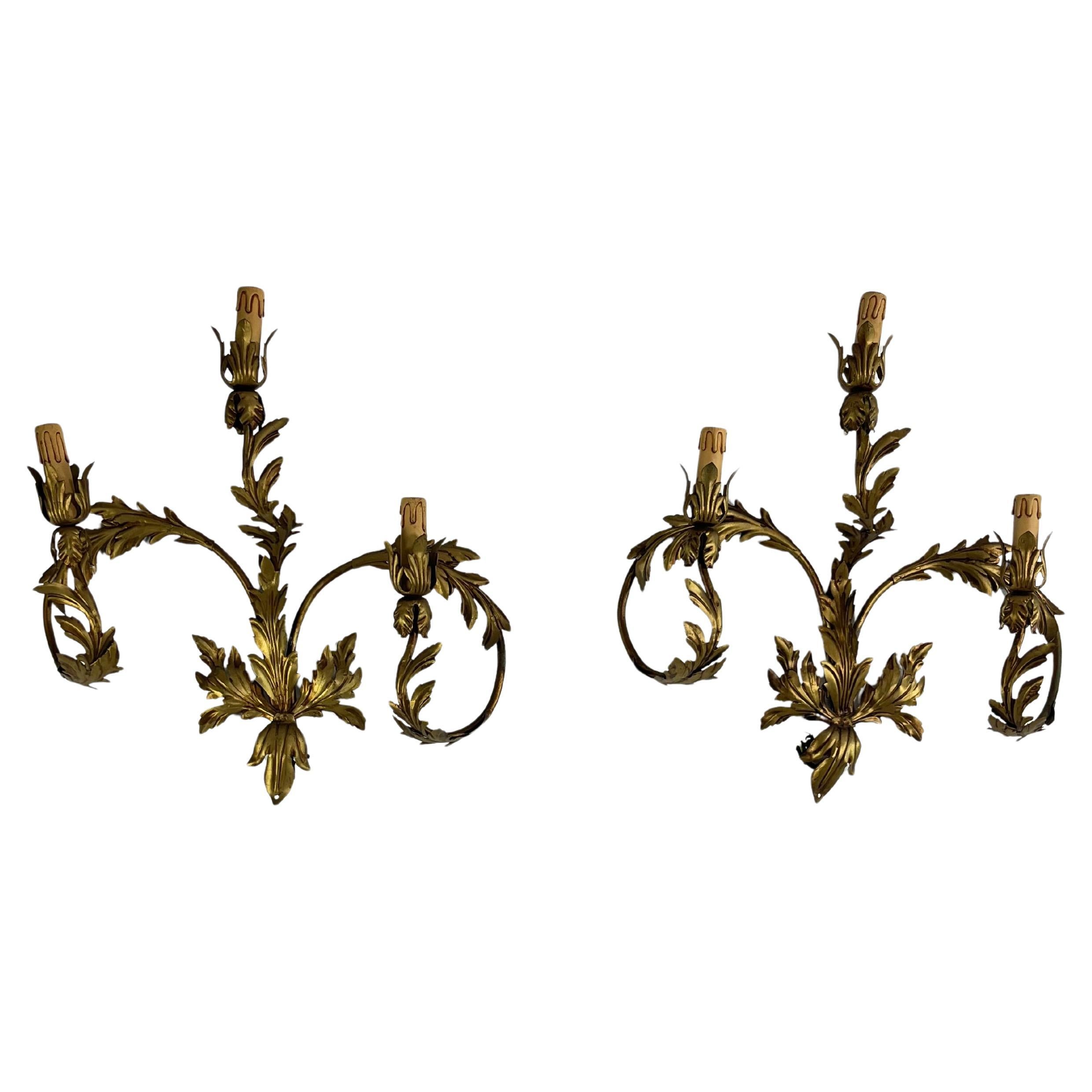 Set of 2 Mid-Century 3-Light Wrought Iron Wall Lamps, 1960s