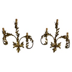 Set of 2 Mid-Century 3-Light Wrought Iron Wall Lamps, 1960s