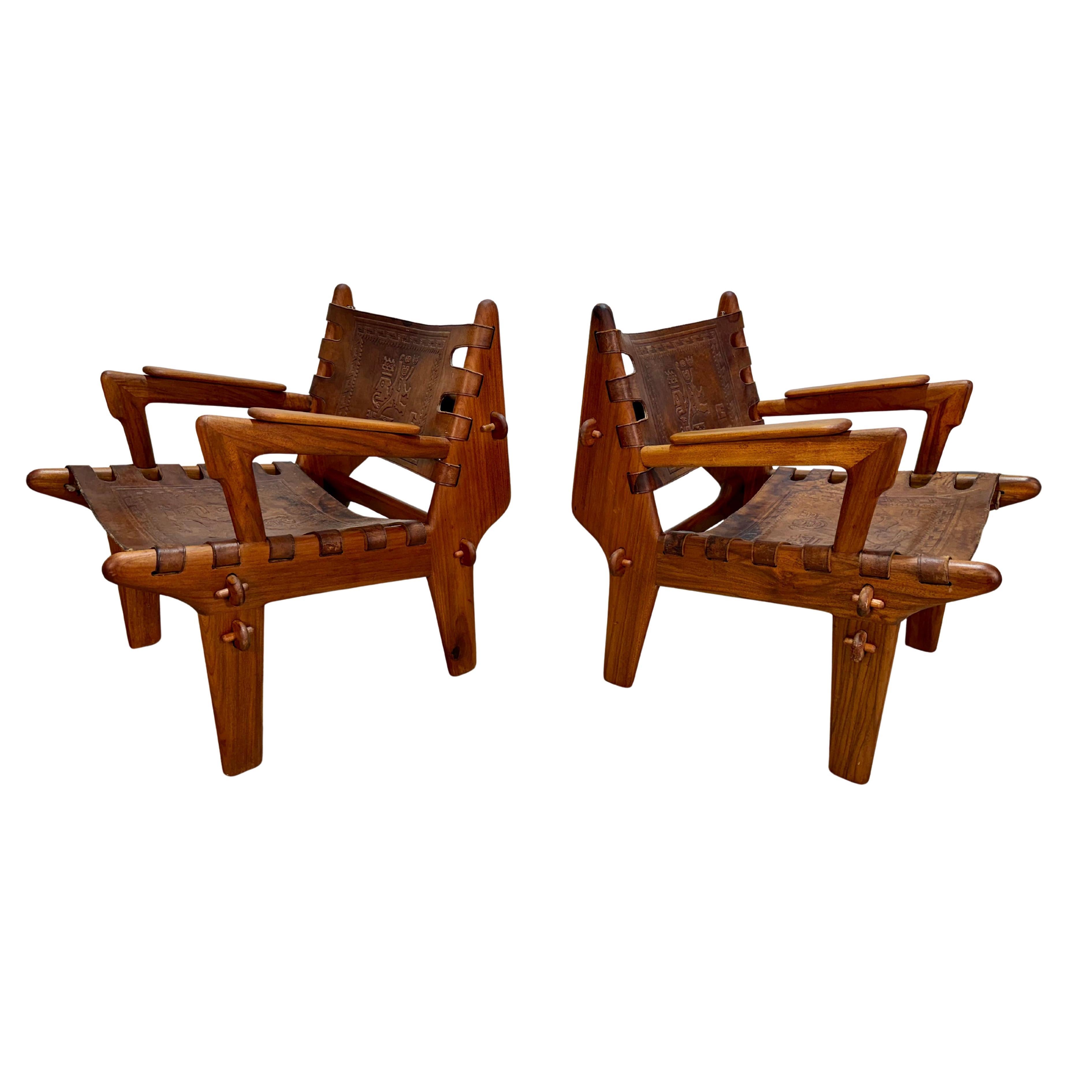 Set of 2 Mid Century Angel Pazmino Hand Tooled Leather Sling Safari Chairs