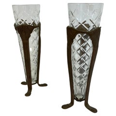 Set Of 2 Mid-Century Antique Brass And Glass Vases 1940s