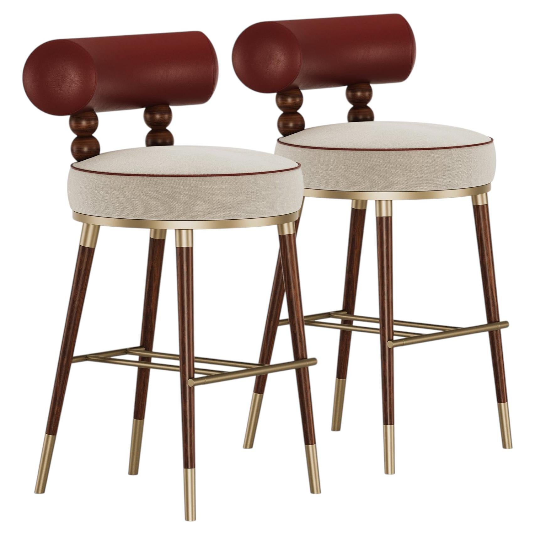 Set of 2 Mid-Century Aretha Bar Stool in Leather and Walnut Wood by Mavo Atelier