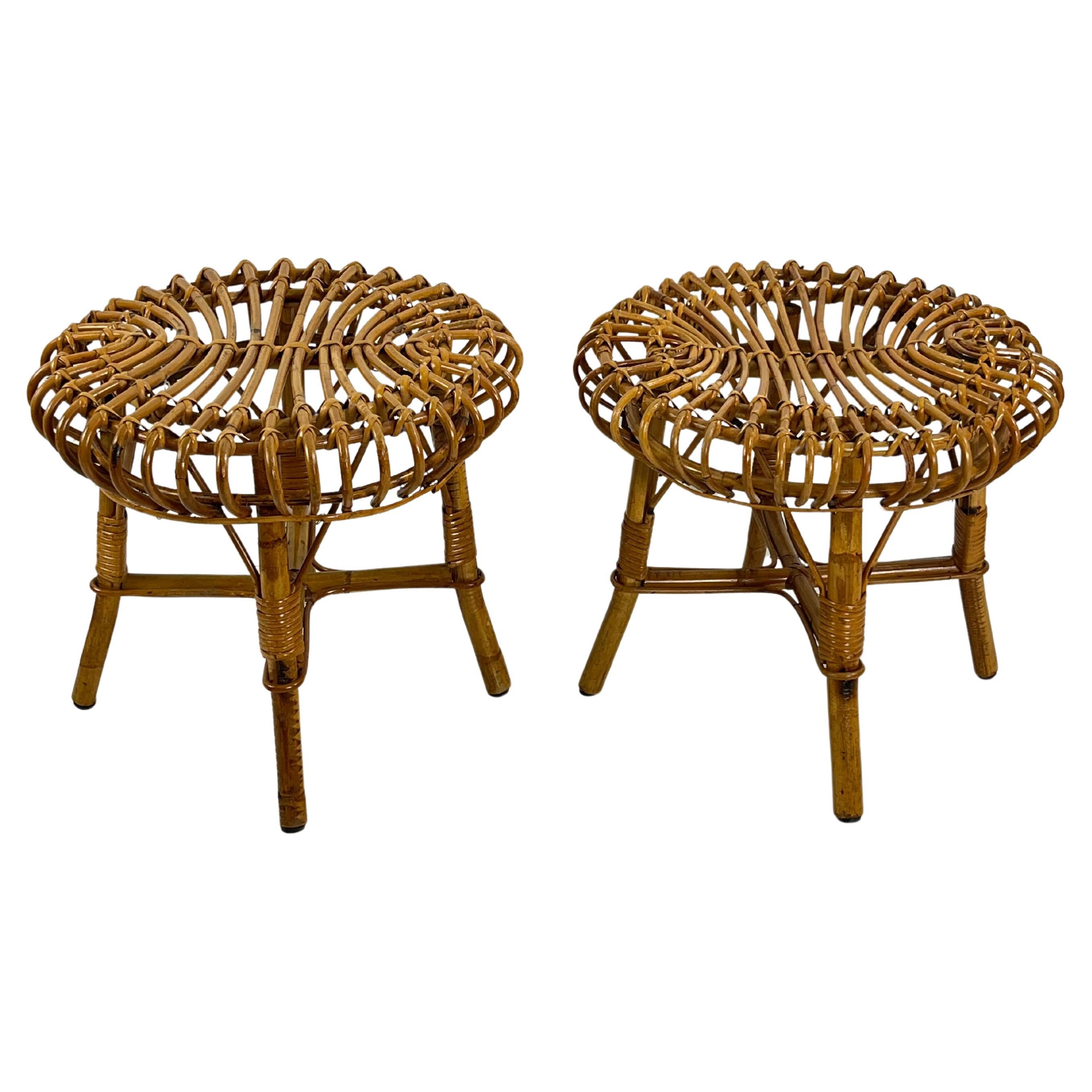 Set Of 2 Pouf Stool or Side Table in Rattan and Bamboo, by Franco Albini, 1960s