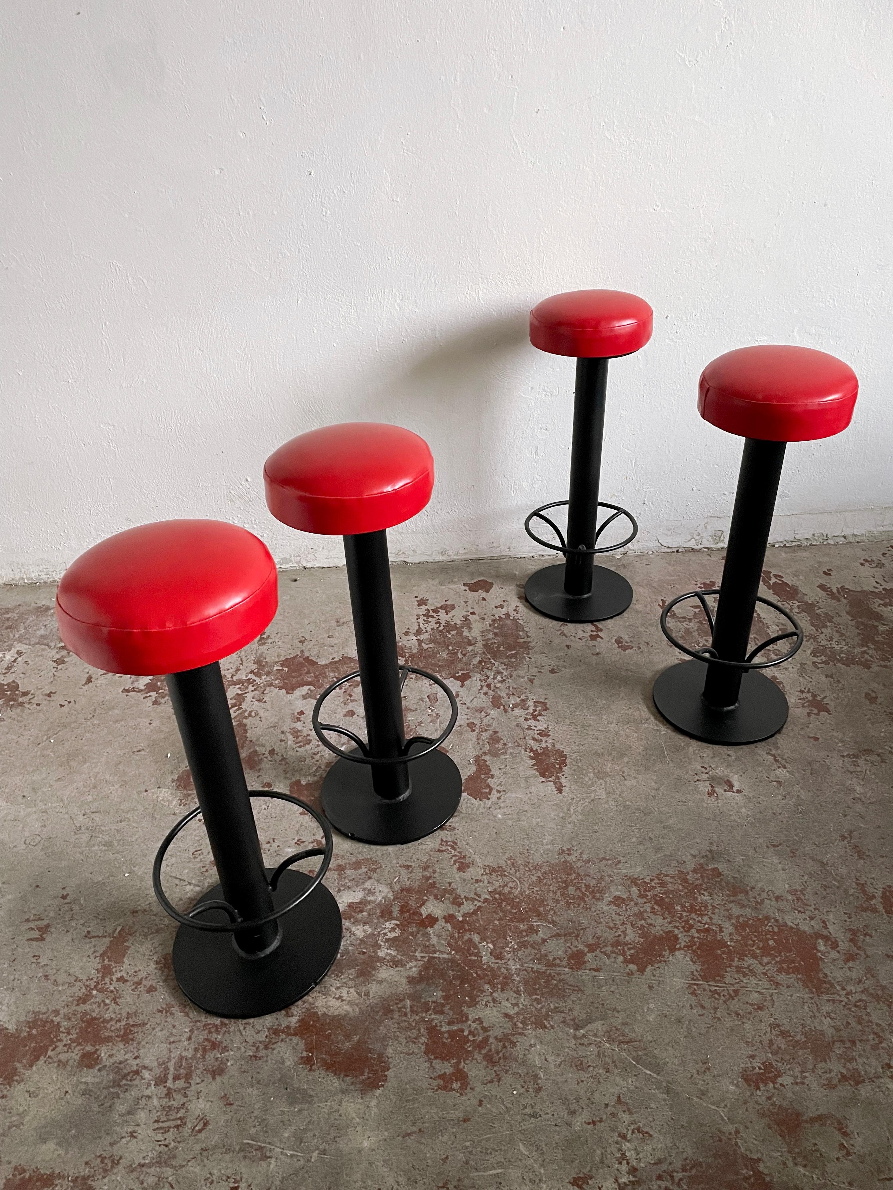 Set of 2 Mid Century Bar Stools, Red Vinyl, 1960s For Sale 2