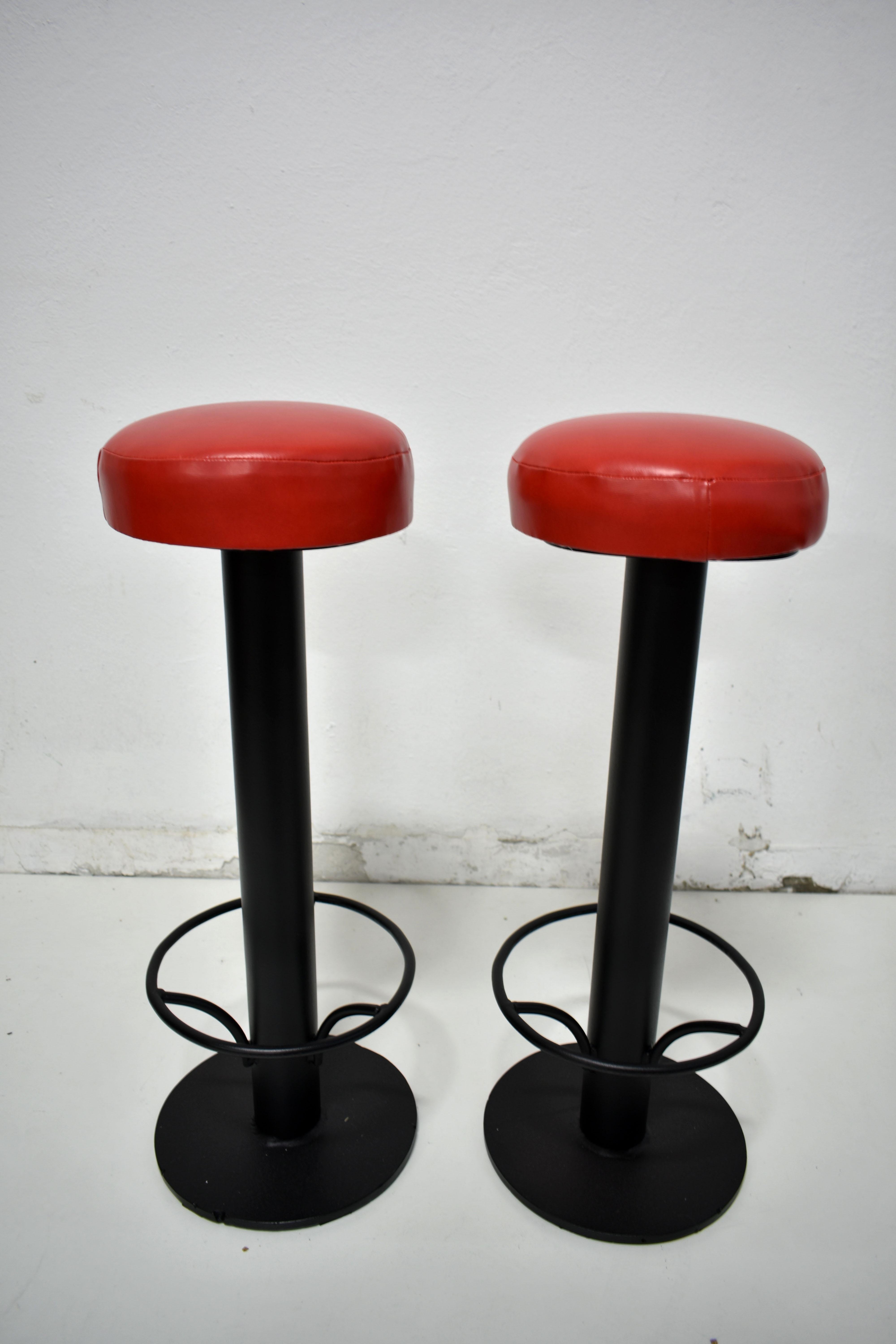 Mid-Century Modern Set of 2 Mid Century Bar Stools, Red Vinyl, 1960s For Sale