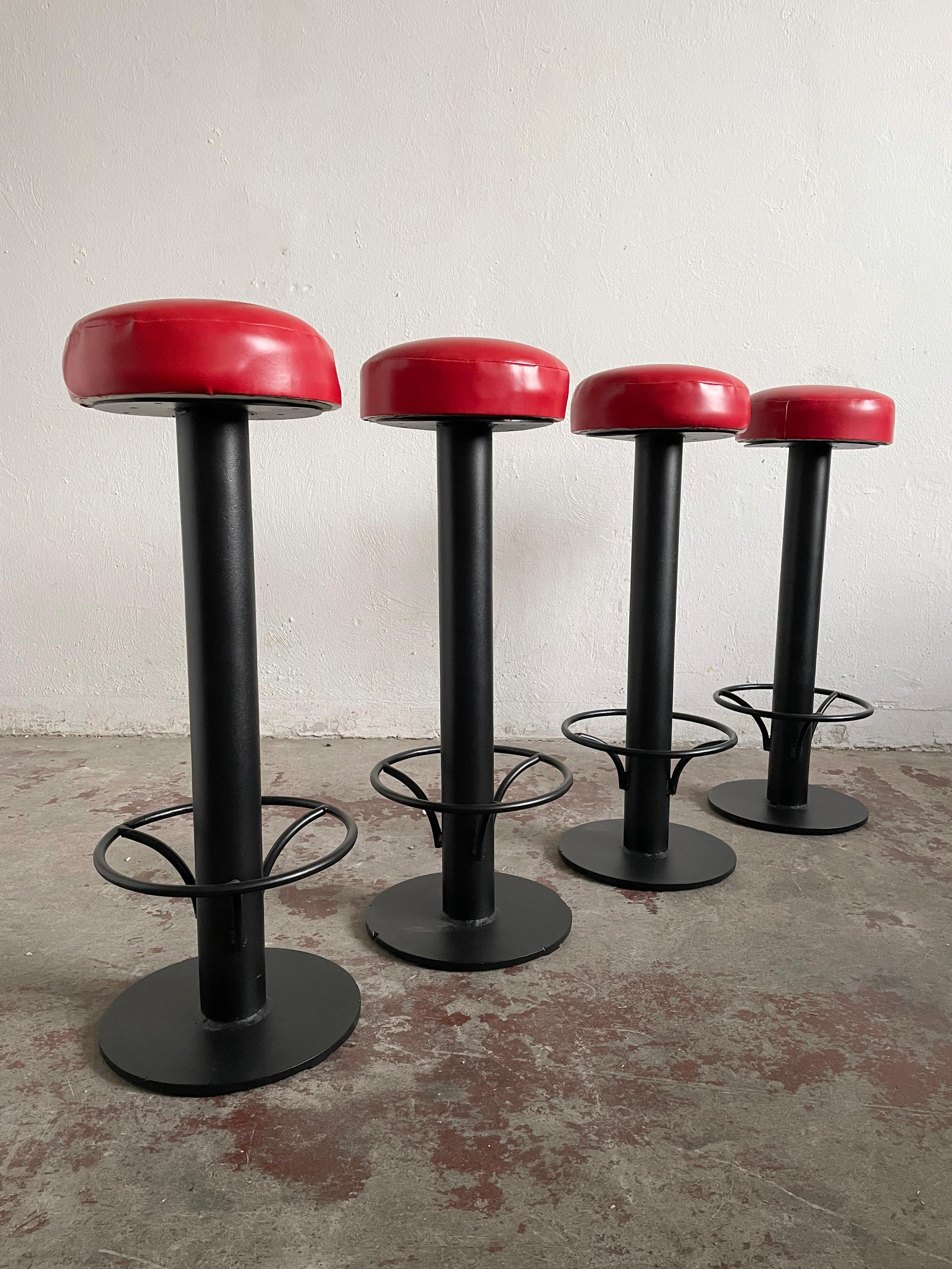 Metal Set of 2 Mid Century Bar Stools, Red Vinyl, 1960s For Sale