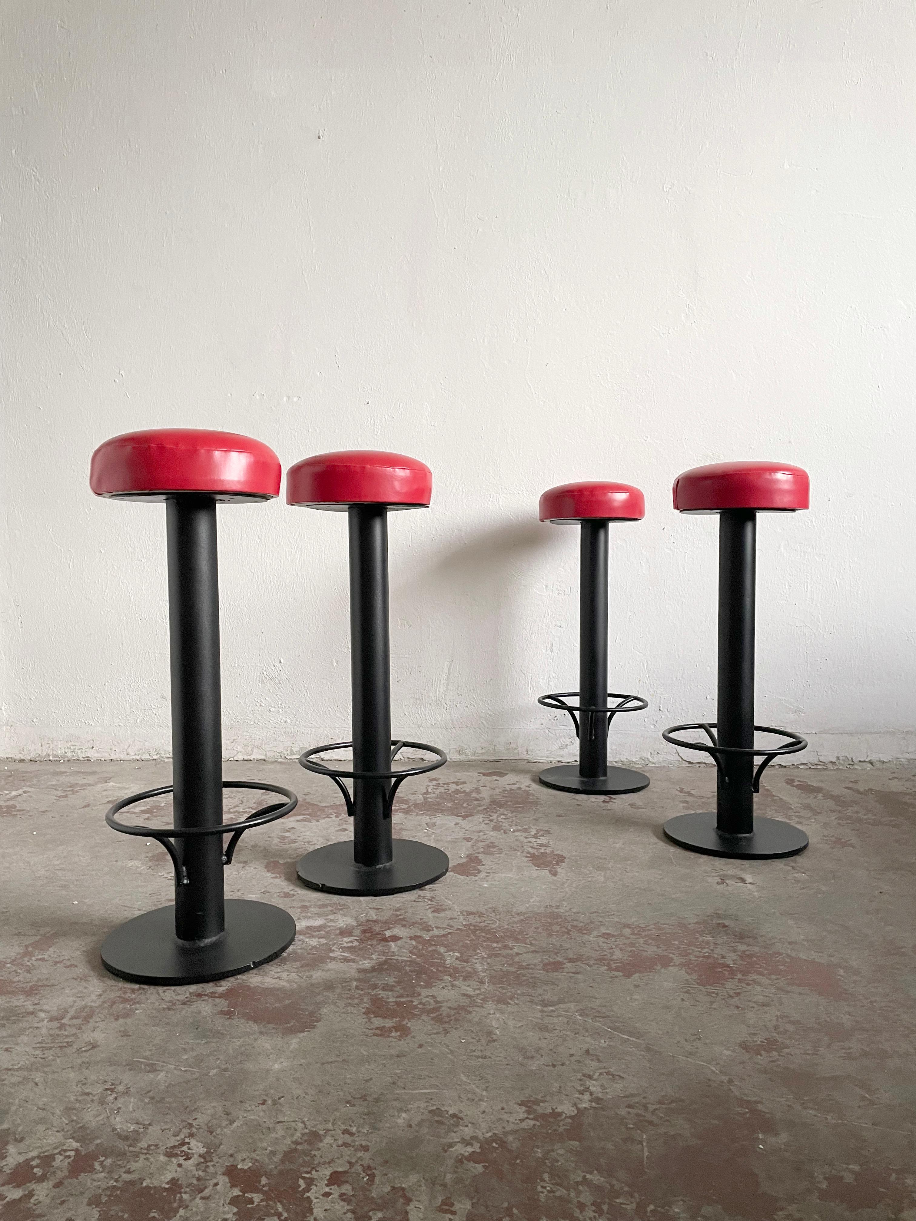 Set of 2 Mid Century Bar Stools, Red Vinyl, 1960s For Sale 1
