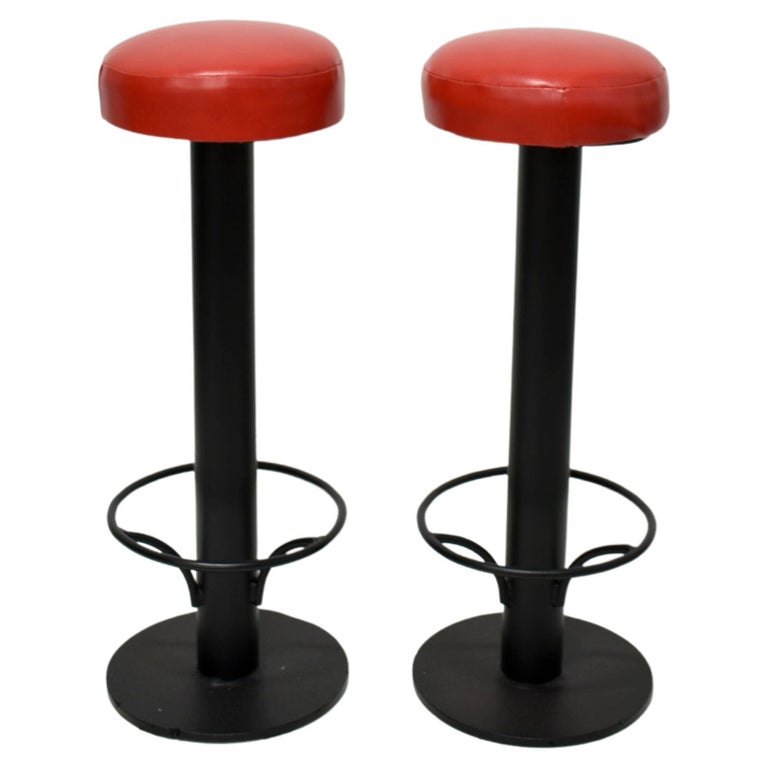 Set of 2 Mid Century Bar Stools, Red Vinyl, 1960s For Sale at 1stDibs
