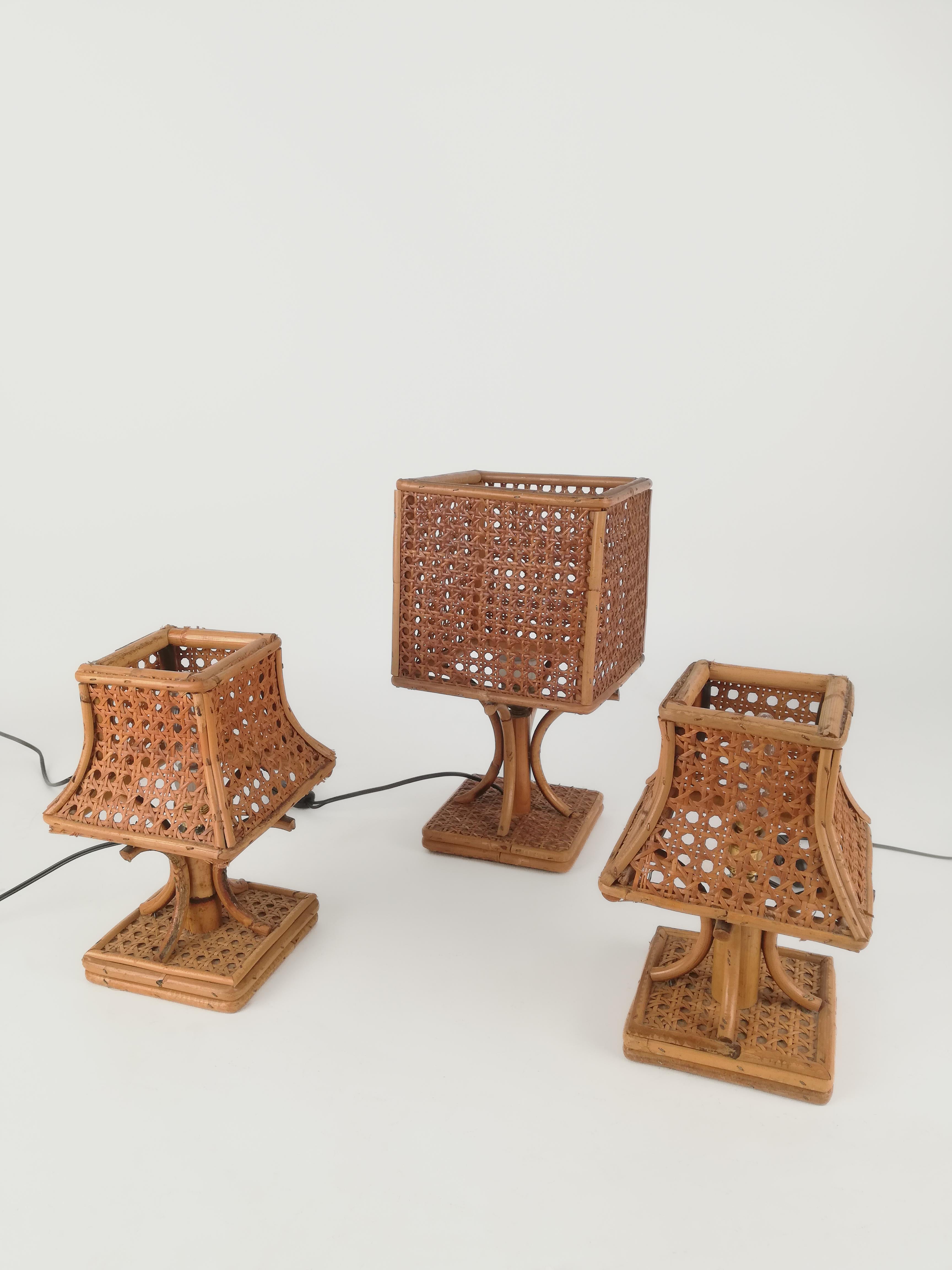 Set of 2 Midcentury Bedside Table Lamps in Rattan and Wicker Cane Webbing, Italy For Sale 6