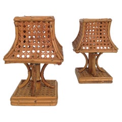 Set of 2 Midcentury Bedside Table Lamps in Rattan and Wicker Cane Webbing, Italy