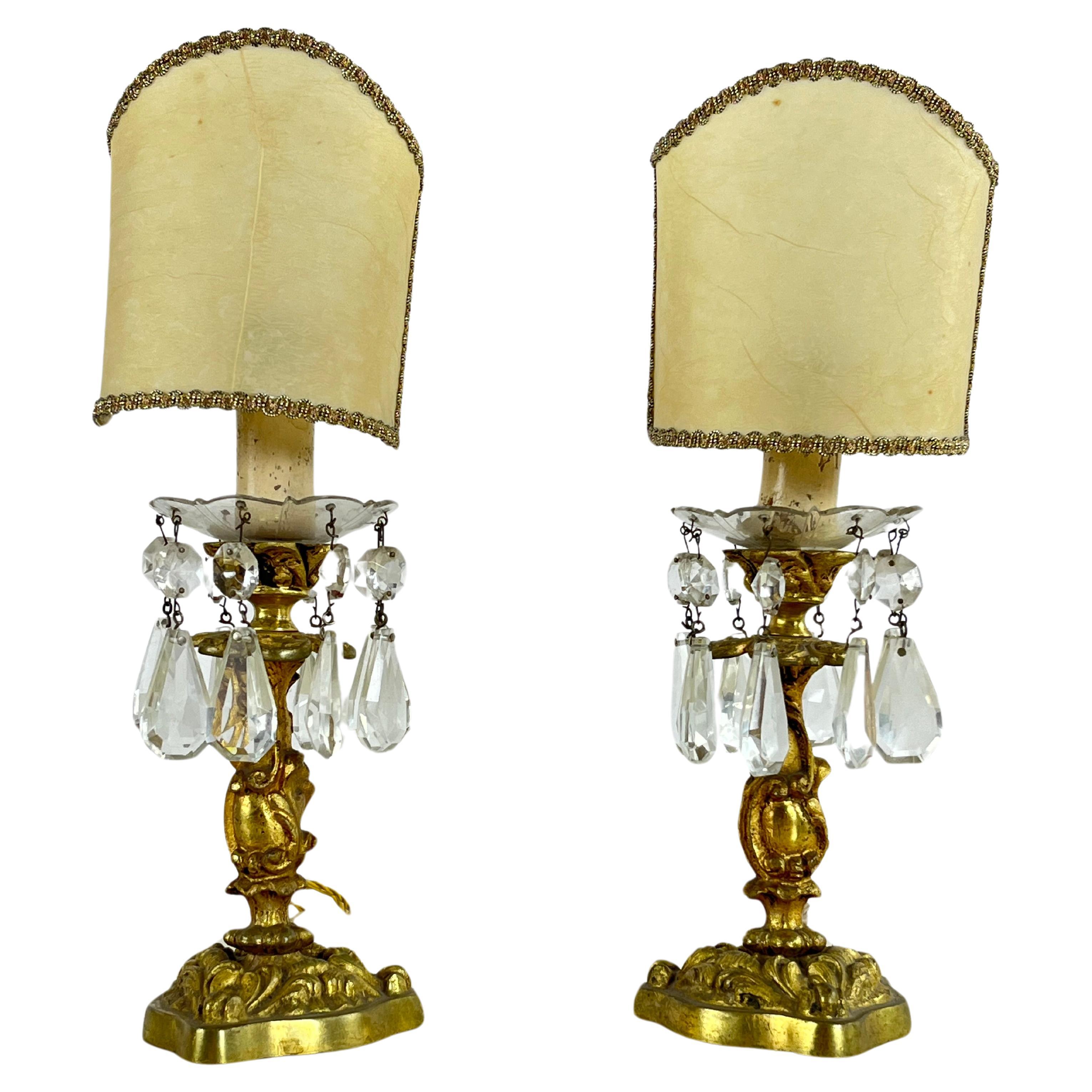 Set of 2 Mid-Century Brass and Crystal Bedside Lamps Attributed to Maison Bagués For Sale
