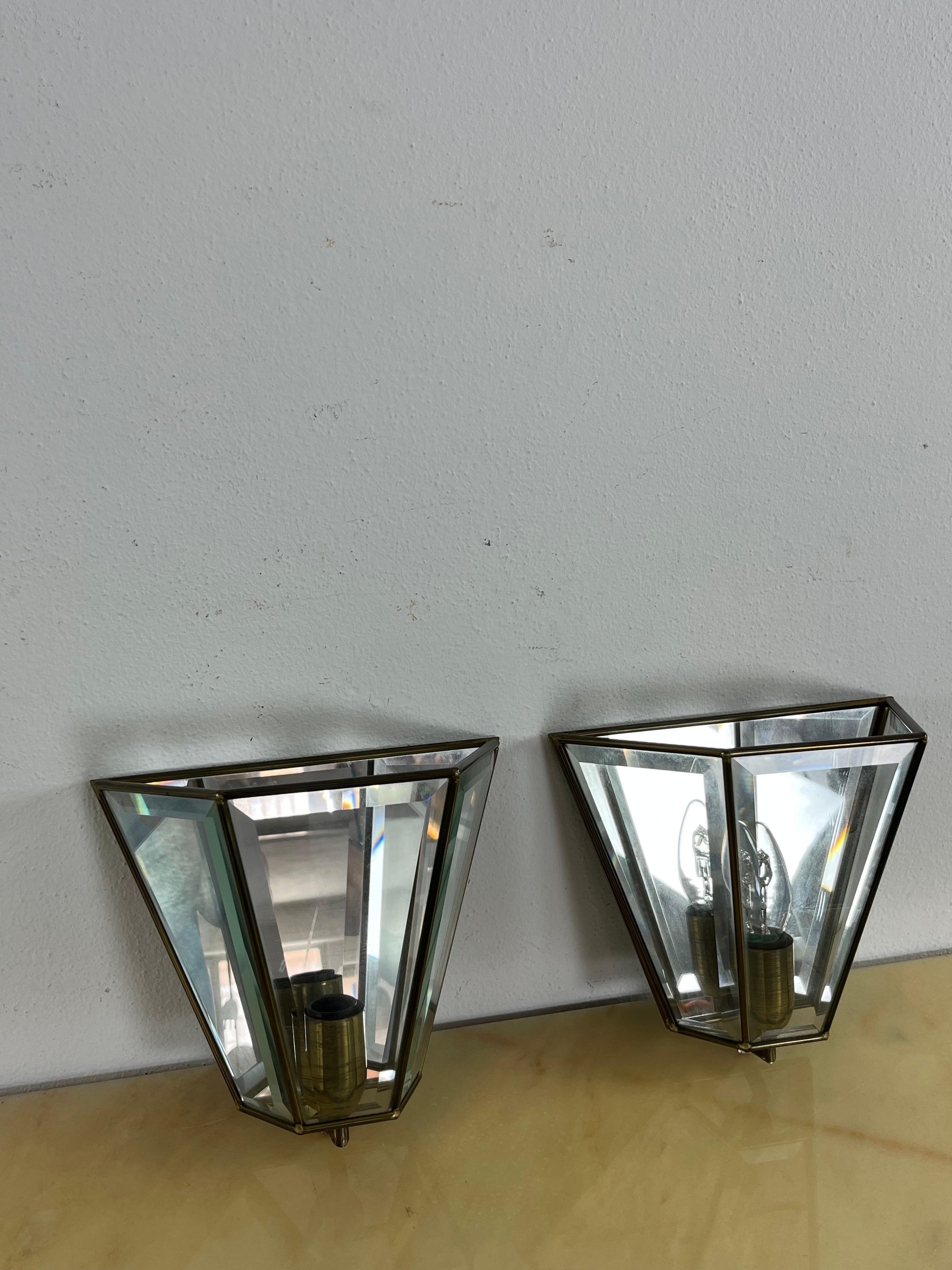 Set of 2 Mid-century Brass Glass Mirror Wall Lamps, Made in Italy 1950s For Sale 6