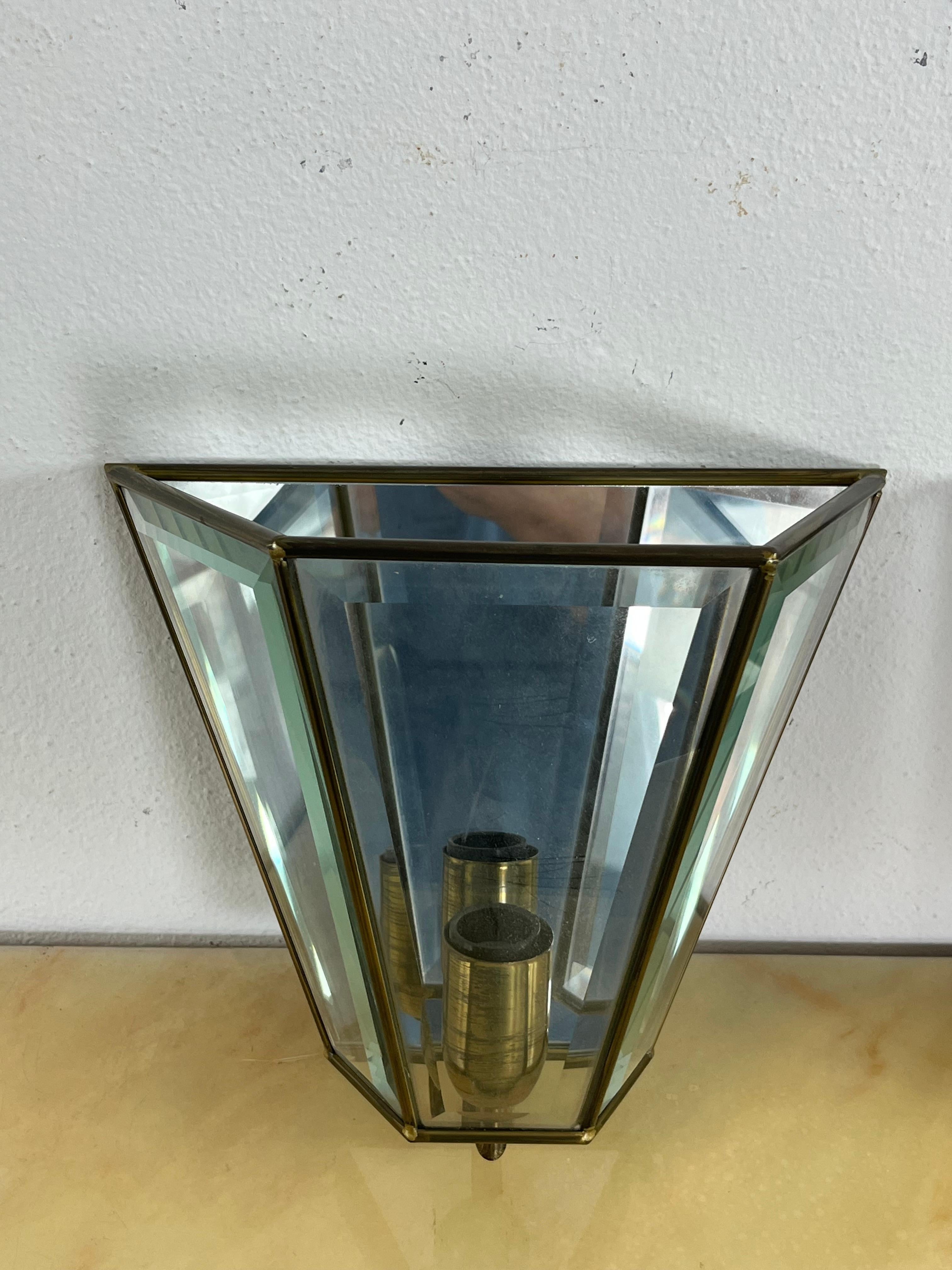 Set of 2 Mid-century Brass Glass Mirror Wall Lamps, Made in Italy 1950s For Sale 7