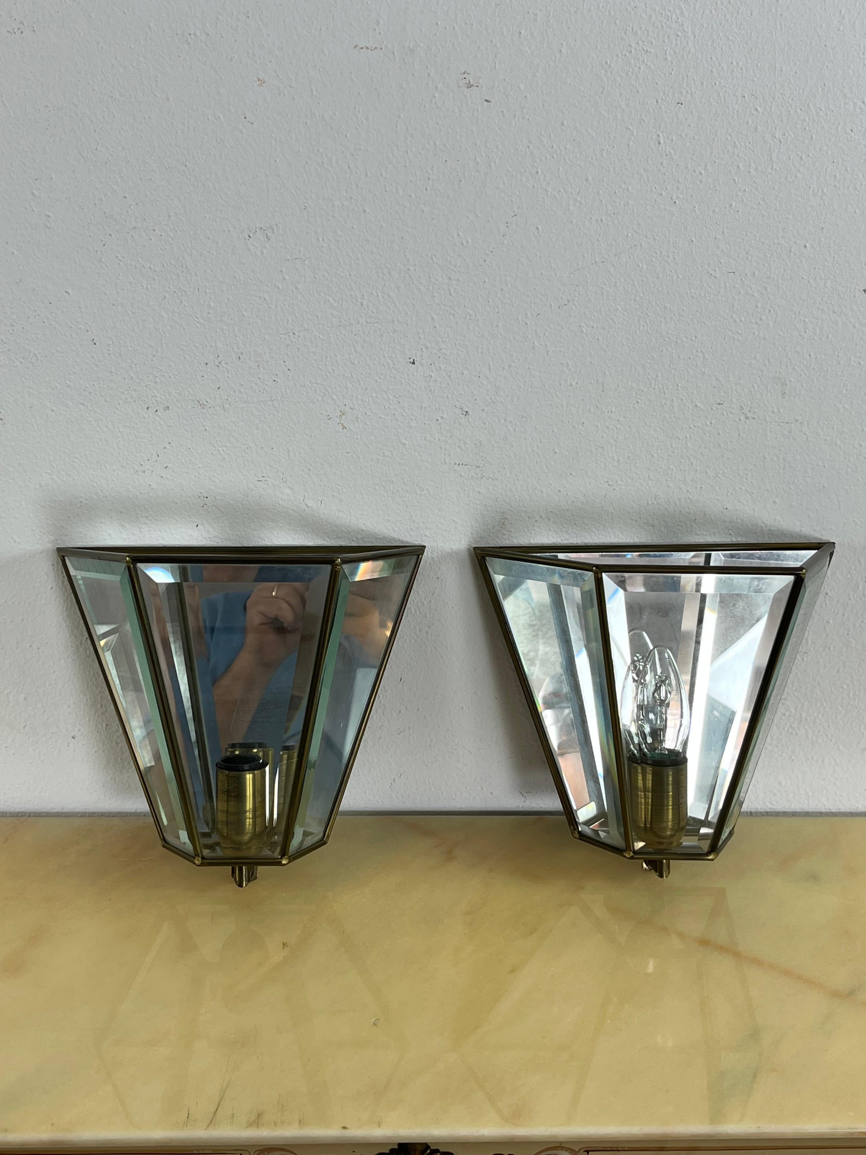 Set of 2 Mid-century Brass Glass Mirror Wall Lamps, Made in Italy 1950s For Sale 9