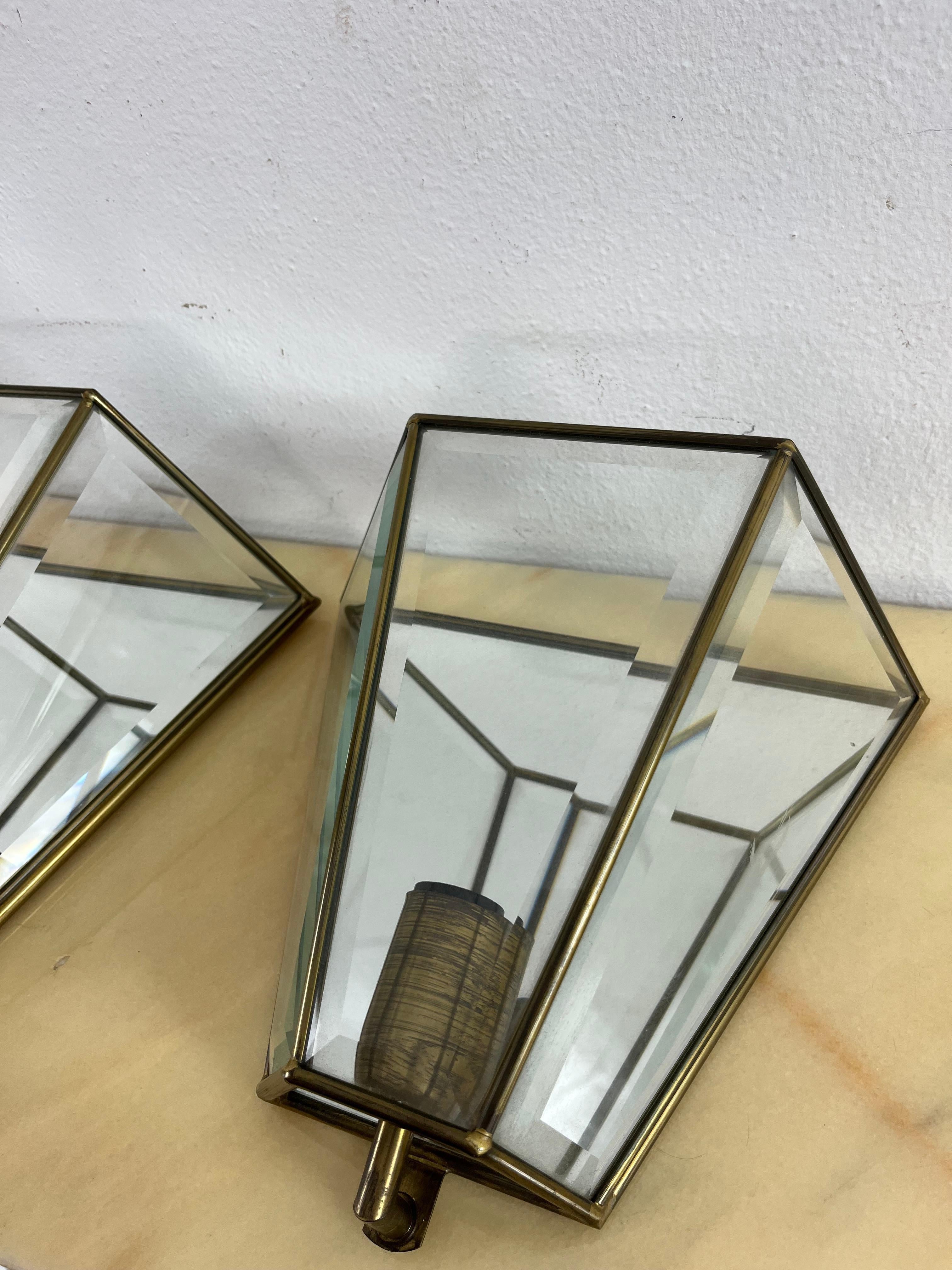 Italian Set of 2 Mid-century Brass Glass Mirror Wall Lamps, Made in Italy 1950s For Sale
