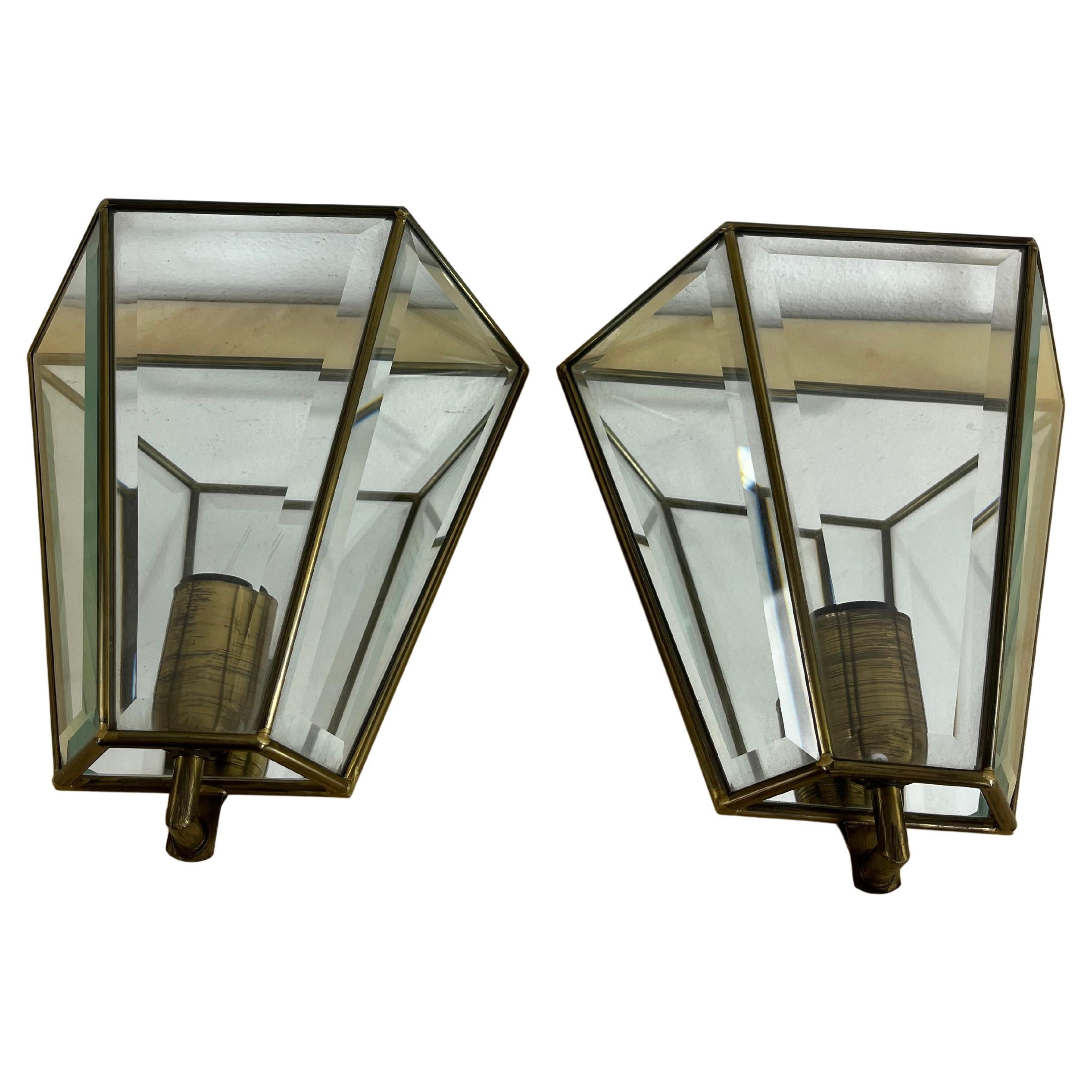 Set of 2 Mid-century Brass Glass Mirror Wall Lamps, Made in Italy 1950s For Sale
