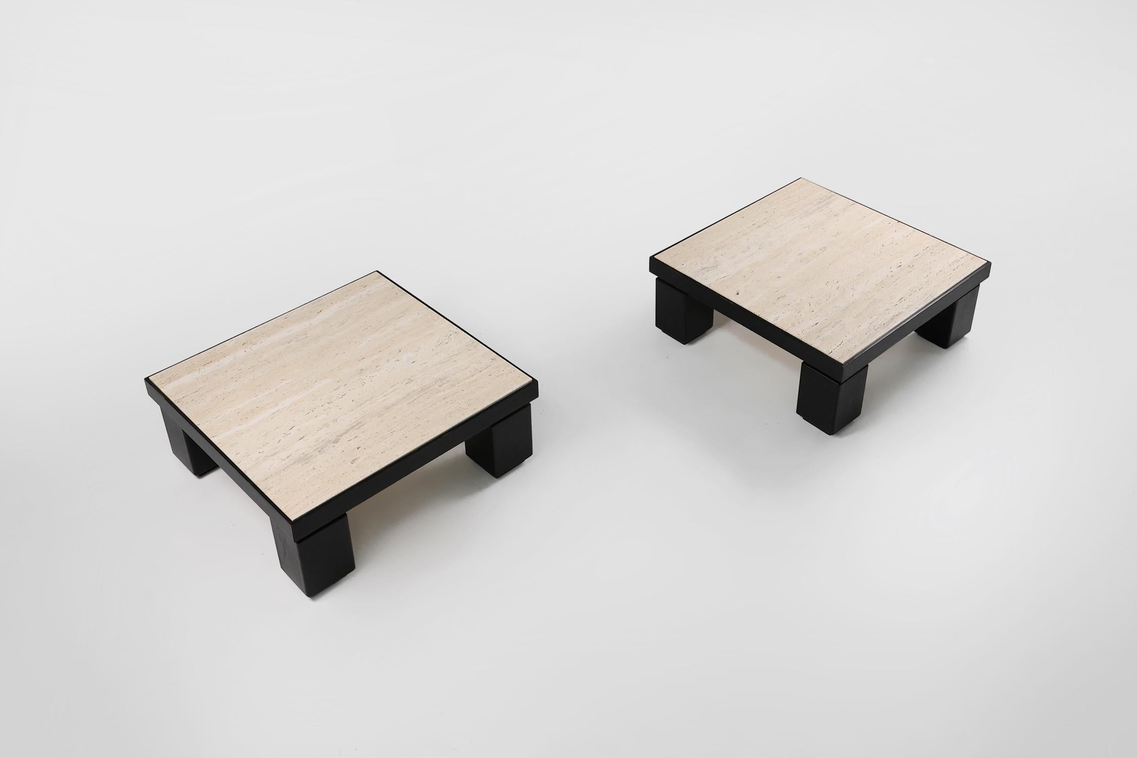 Set of 2 mid-century coffee tables in oak with travertine top For Sale 3