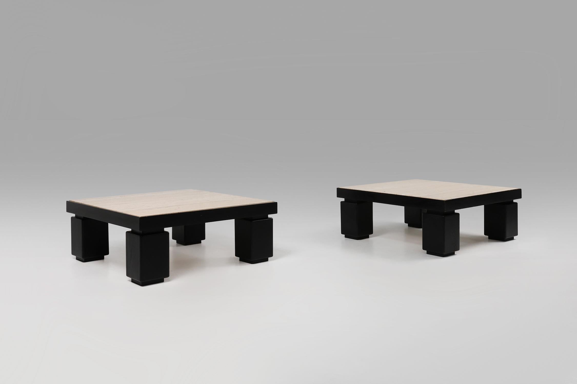 Set of 2 mid-century coffee tables in oak with travertine top For Sale 6