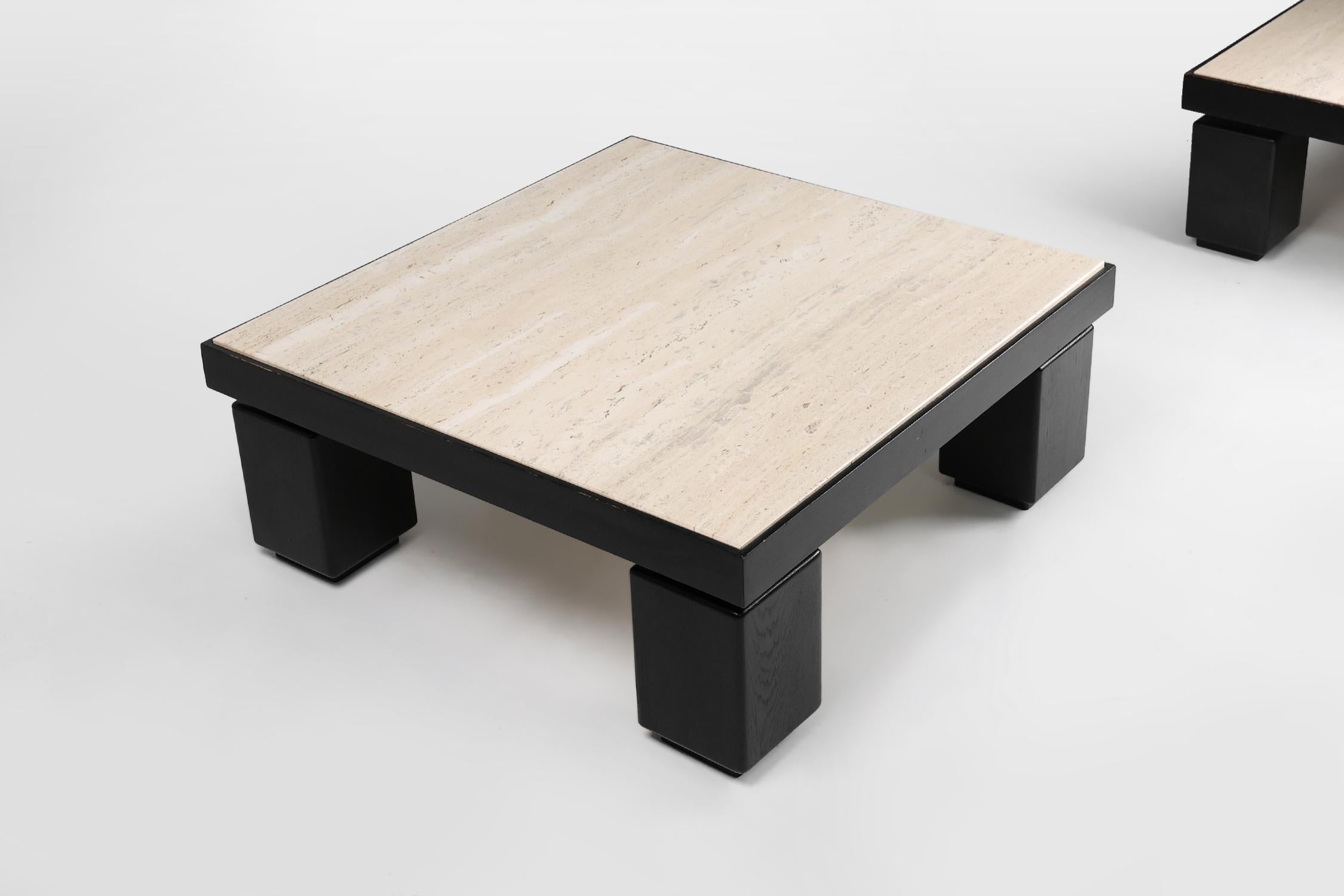 Mid-Century Modern Set of 2 mid-century coffee tables in oak with travertine top For Sale